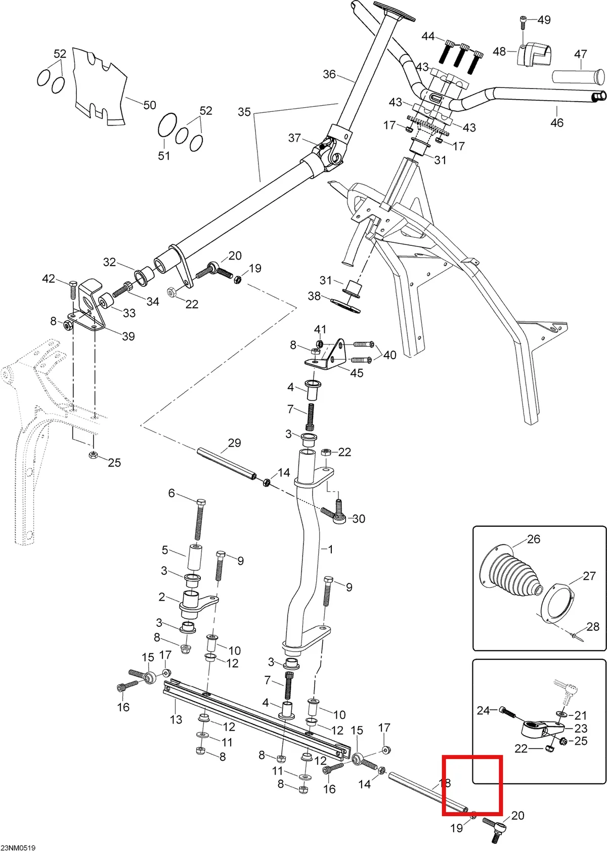 Деталь 605349851 (Деталь L.h. Swivel Arm) на схеме узла 07- Steering System