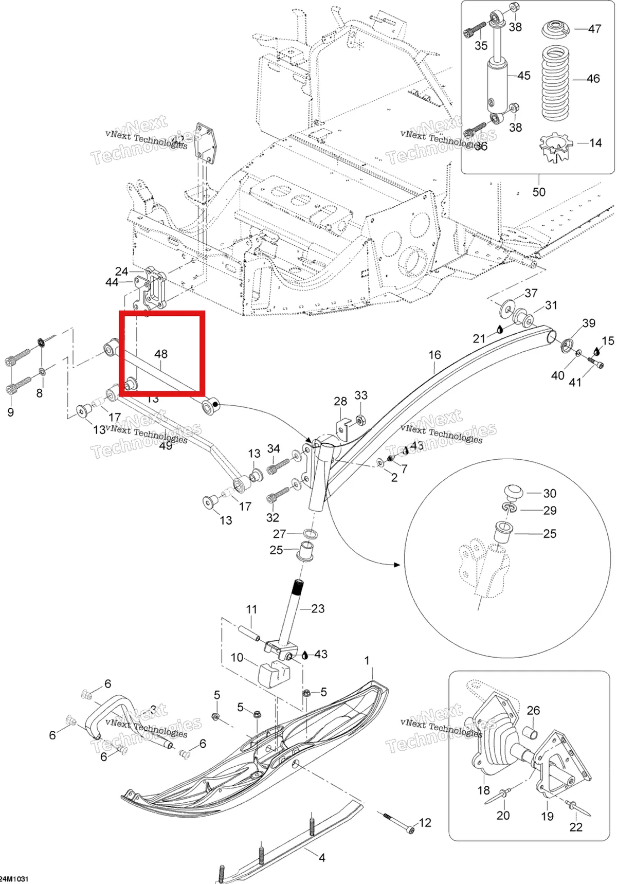 Деталь 605350022 (Деталь Upper Arm Ass'y) на схеме узла 2010 Ski-Doo Skandic SUV 550F Front Suspension And Ski