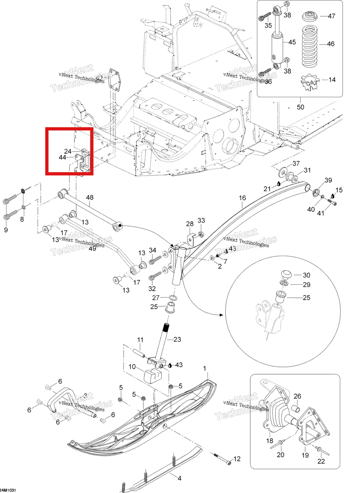 Деталь 605350191 (Проставка) на схеме узла 2010 Ski-Doo Skandic SUV 550F Front Suspension And Ski