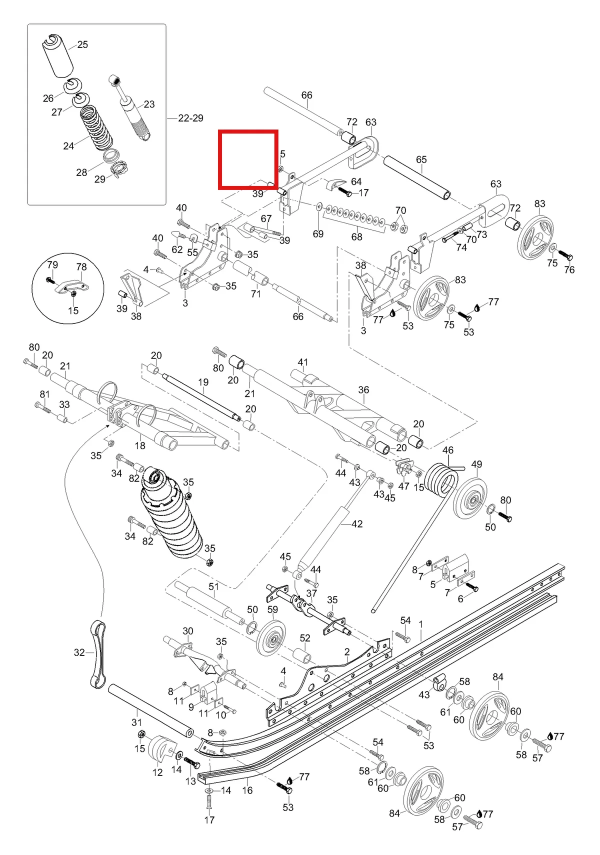 Деталь 605350351 (Деталь Shock Assy. Includes Items 22 Thru 29) на схеме узла 08- Rear Suspension