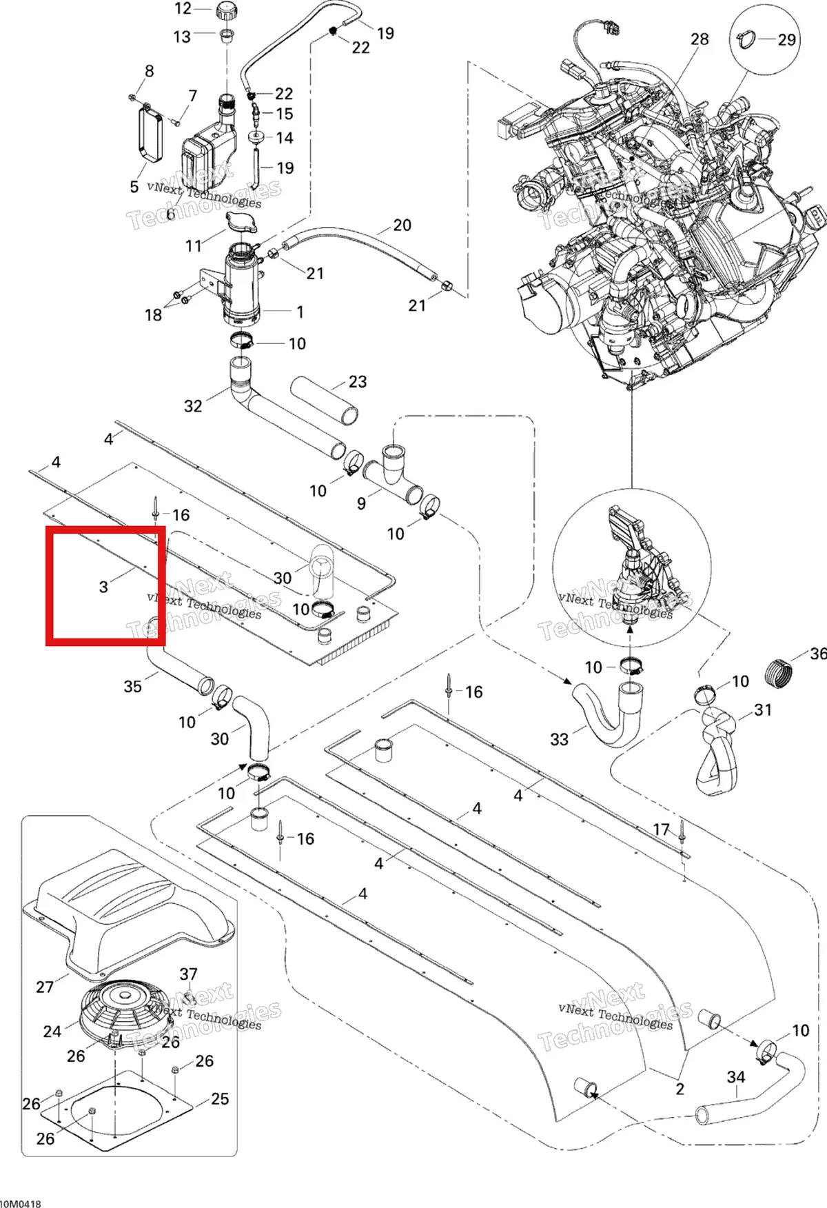 Деталь 605350541 (Радиатор) на схеме узла 2004 Ski-Doo Expedition 4-TEC Cooling System