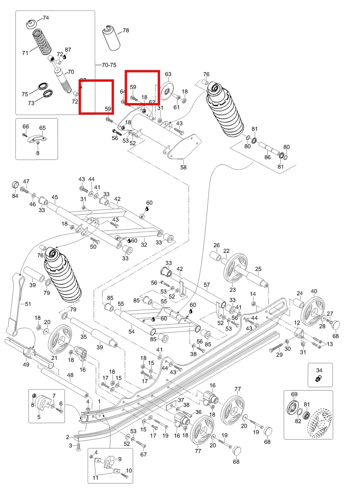 Деталь 605350700 (Деталь Shock Assy, Rear. Includes Items 70 Thru 75) на схеме узла 08- Rear Suspension