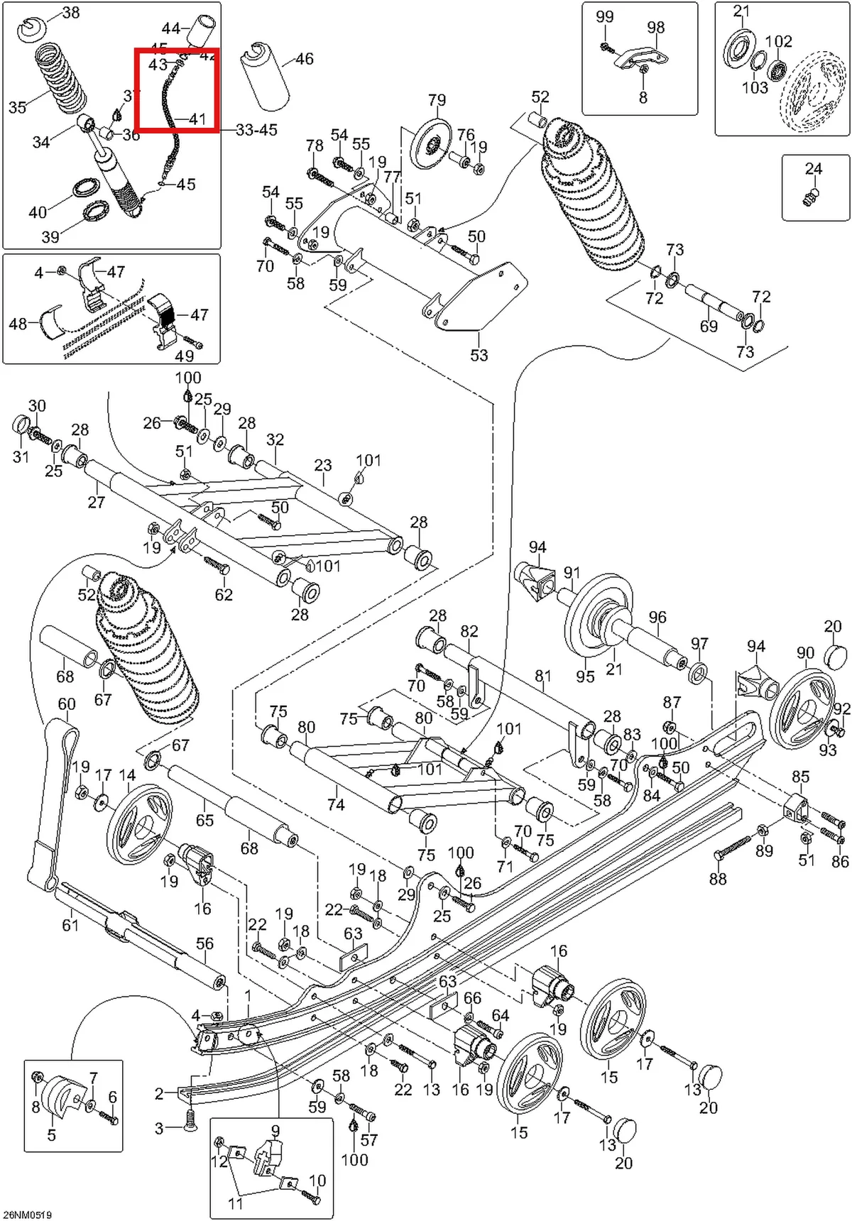 Деталь 605350834 (Деталь Shock Ass'y, Front Arm. Includes 33 To 45) на схеме узла 08- Rear Suspension