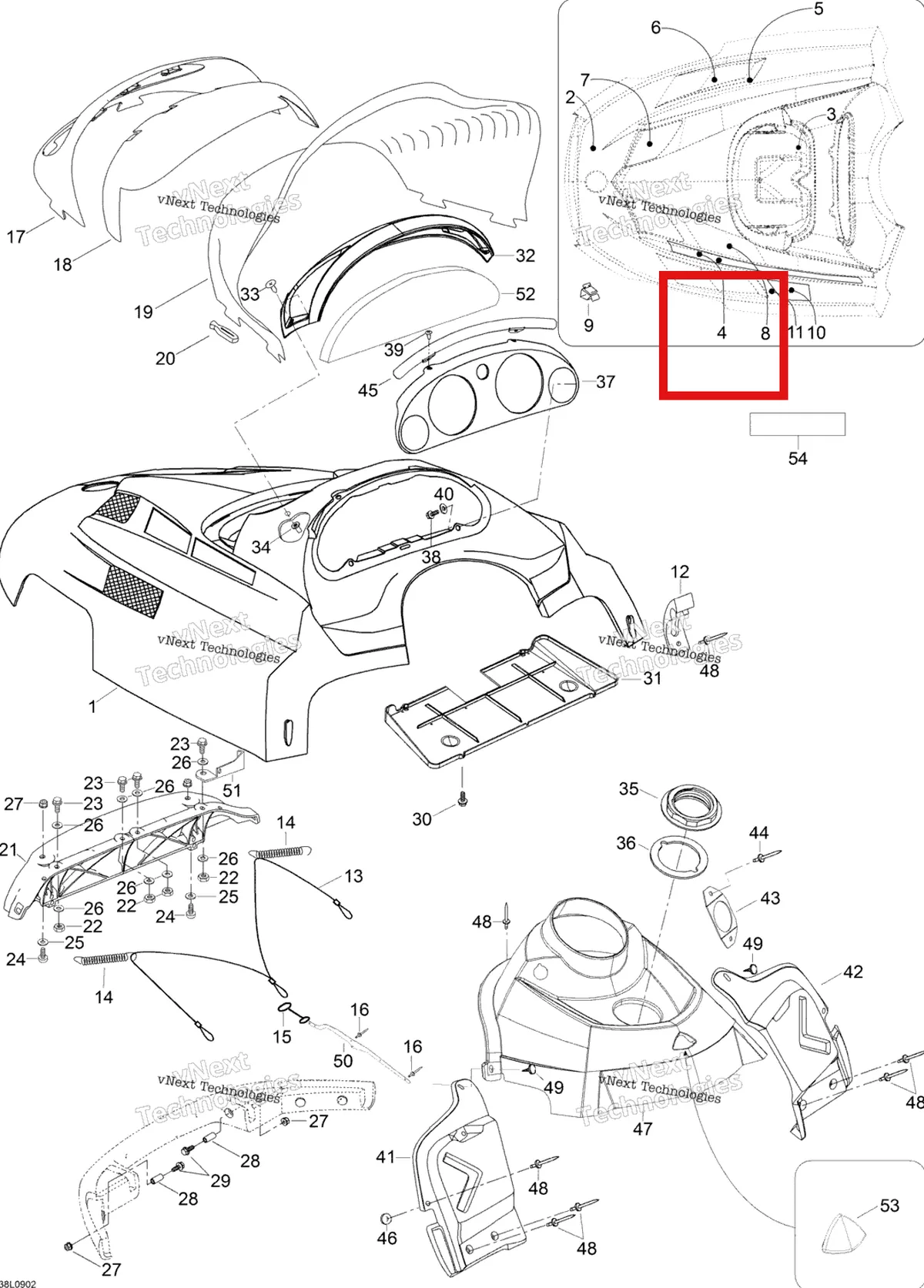 Деталь 605350923 (Деталь Lh Upper Grill) на схеме узла 2009 Ski-Doo Expedition TUV 600 H.O. SDI Hood