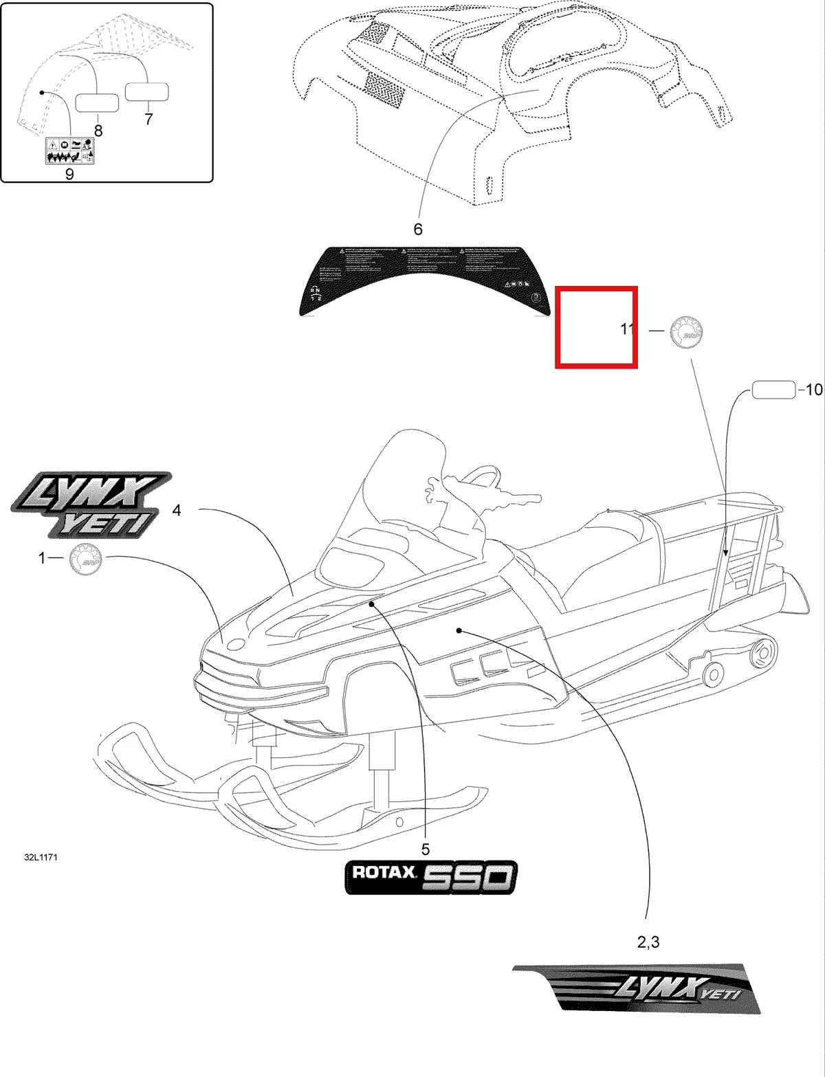 Деталь 605351159 (Деталь Instruction Decal) на схеме узла 09- Decals
