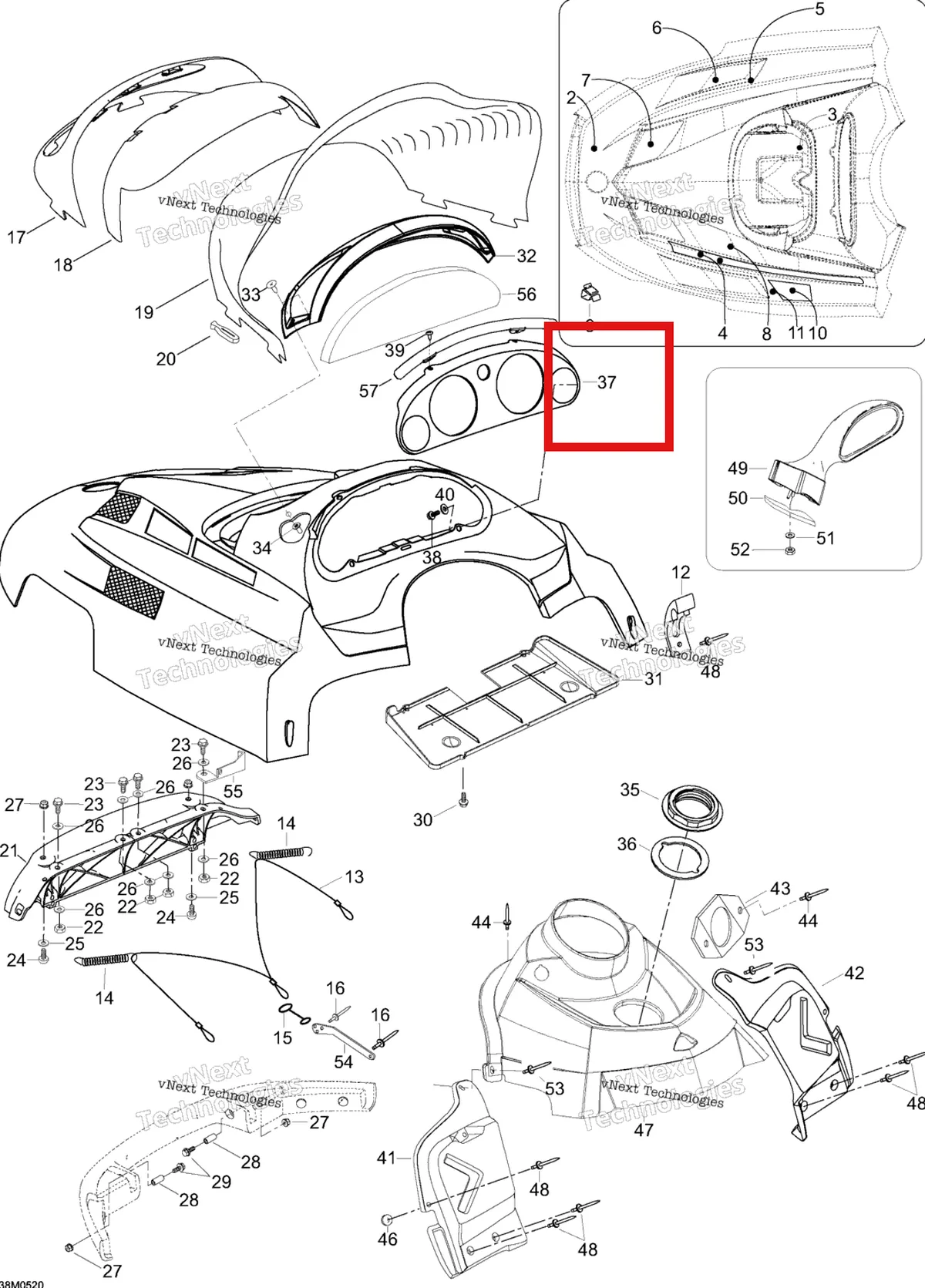 Деталь 605351374 (Деталь Indicator Support) на схеме узла 2005 Ski-Doo Expedition 600 H.O. SDI Hood