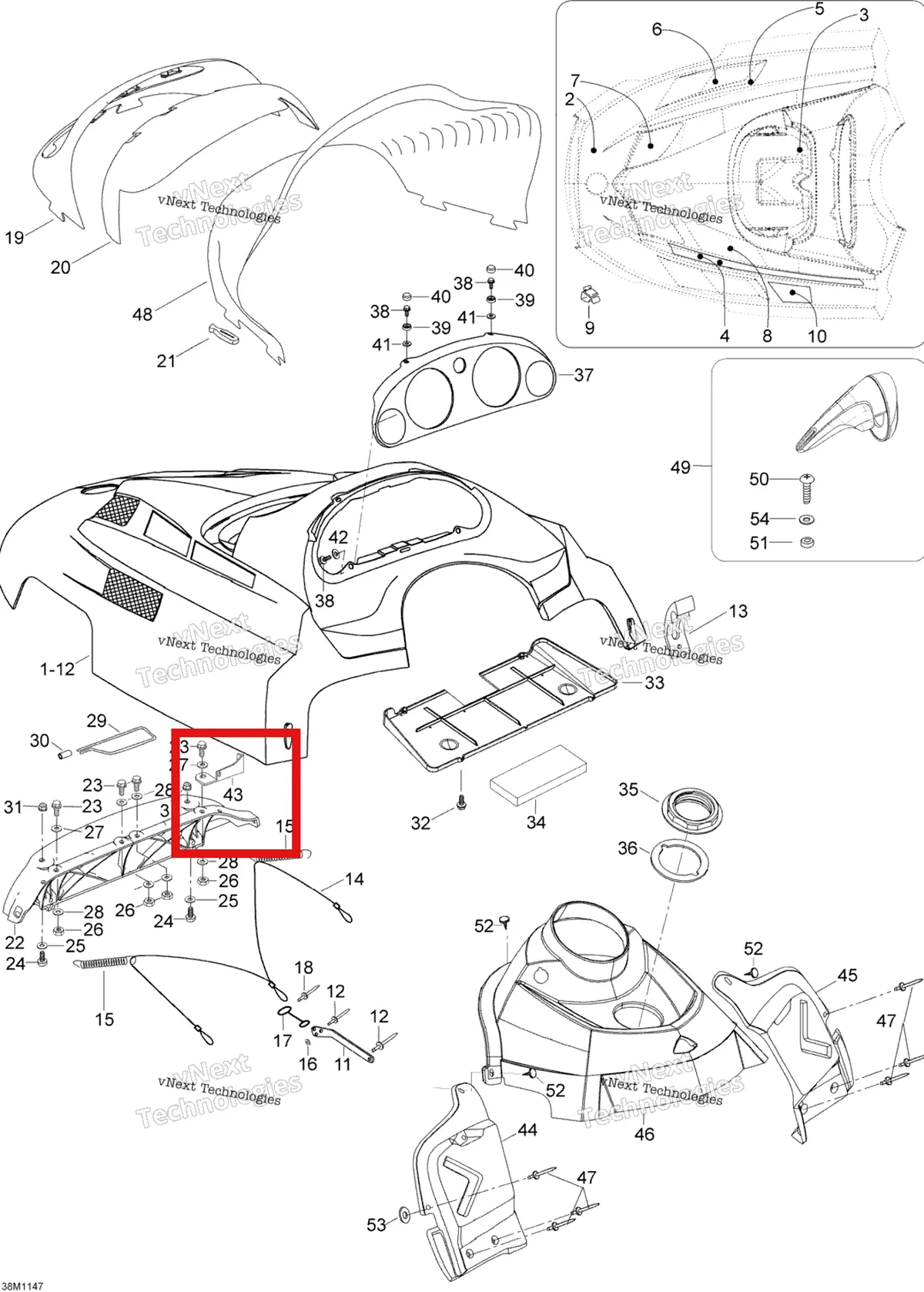 Деталь 605351464 (Деталь Rh Hood Support) на схеме узла 2012 Ski-Doo Skandic SWT V800 YetiII Hood