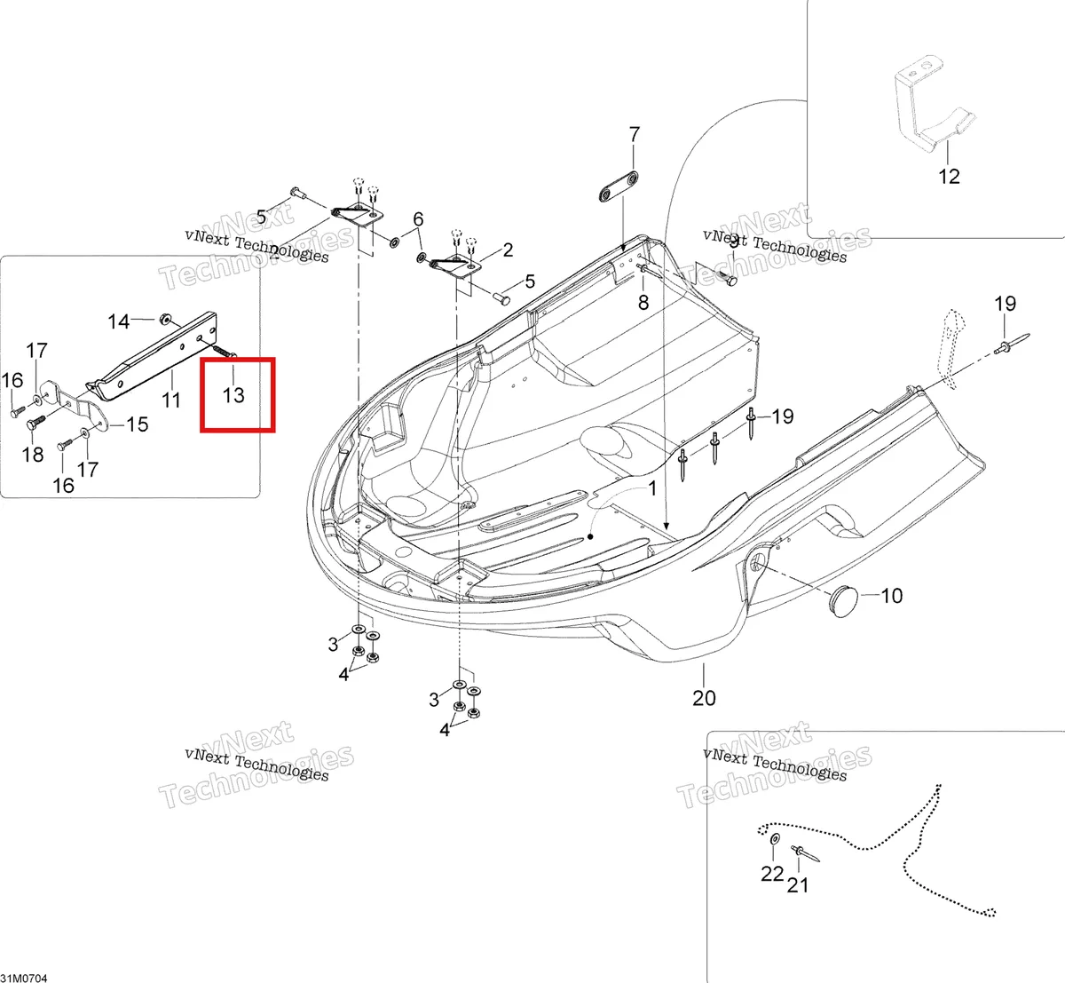 Деталь 605351520 (Деталь R.h. Support) на схеме узла 2007 Ski-Doo Skandic LT 440F Bottom Pan