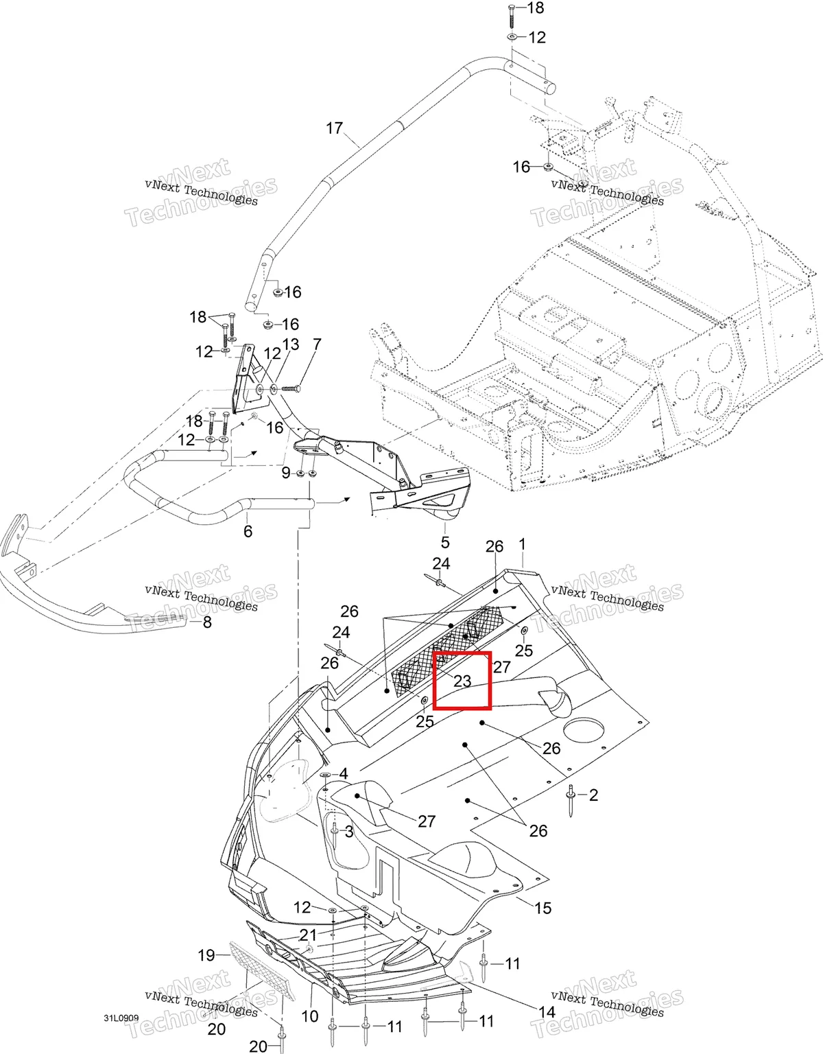 Деталь 605351546 (Деталь Grill) на схеме узла 2009 Ski-Doo Expedition TUV V800 4-TEC Bottom Pan