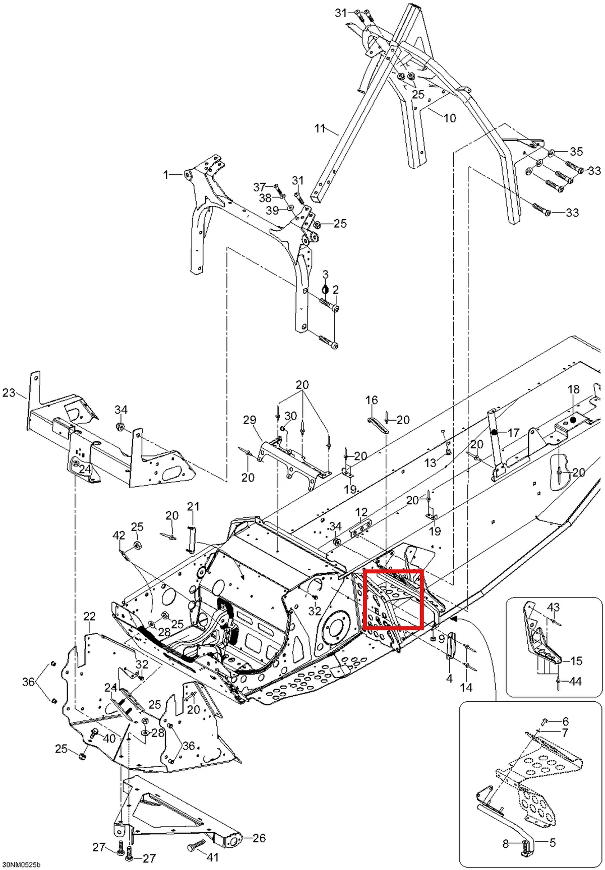 Деталь 605351595 (Деталь R.h. Toe Hold Support) на схеме узла 09- Frame And Components