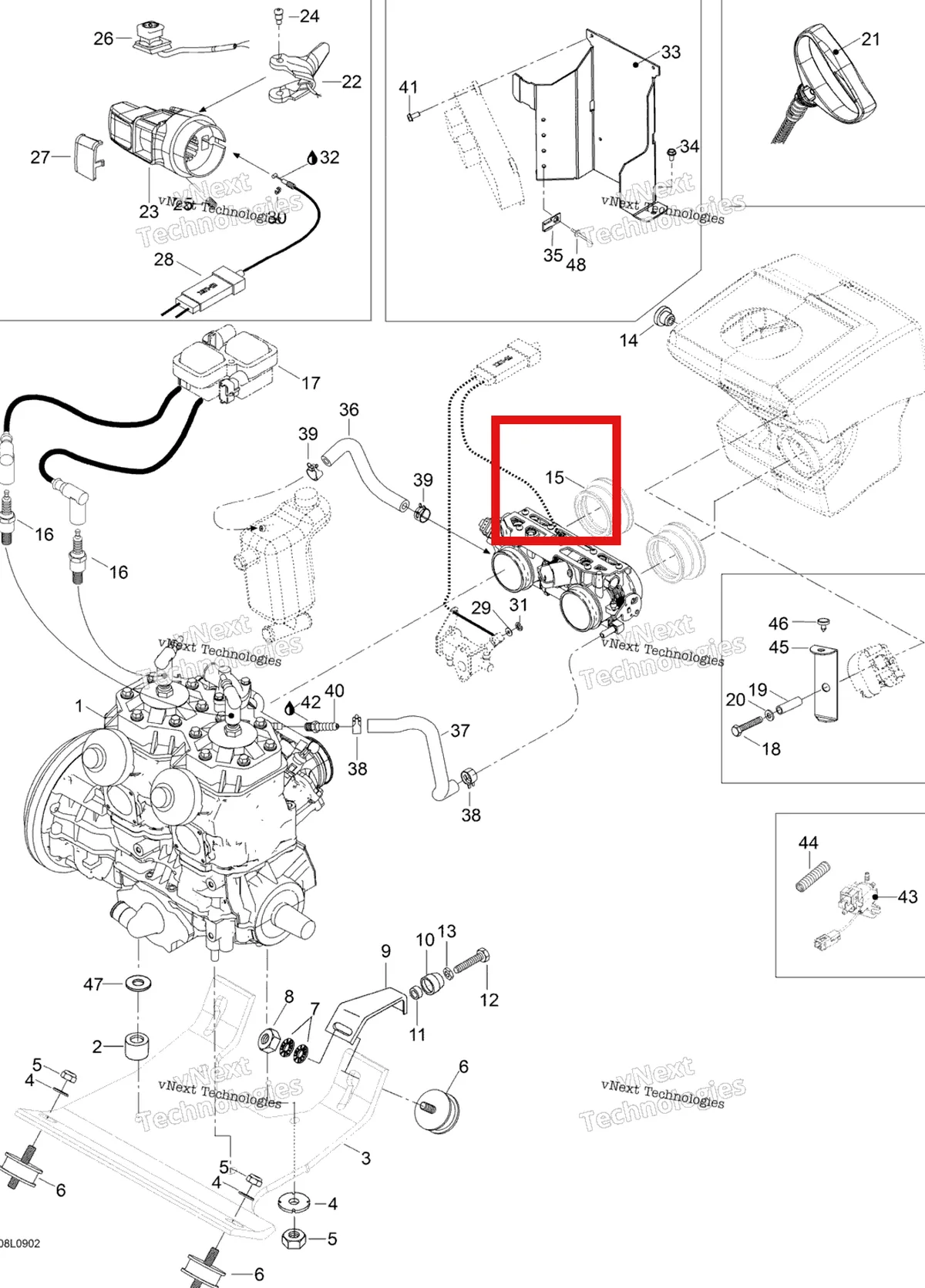 Деталь 605351756 (Уплотнитель резиновый) на схеме узла 2009 Ski-Doo Expedition TUV 600 H.O. SDI Engine And Engine Support