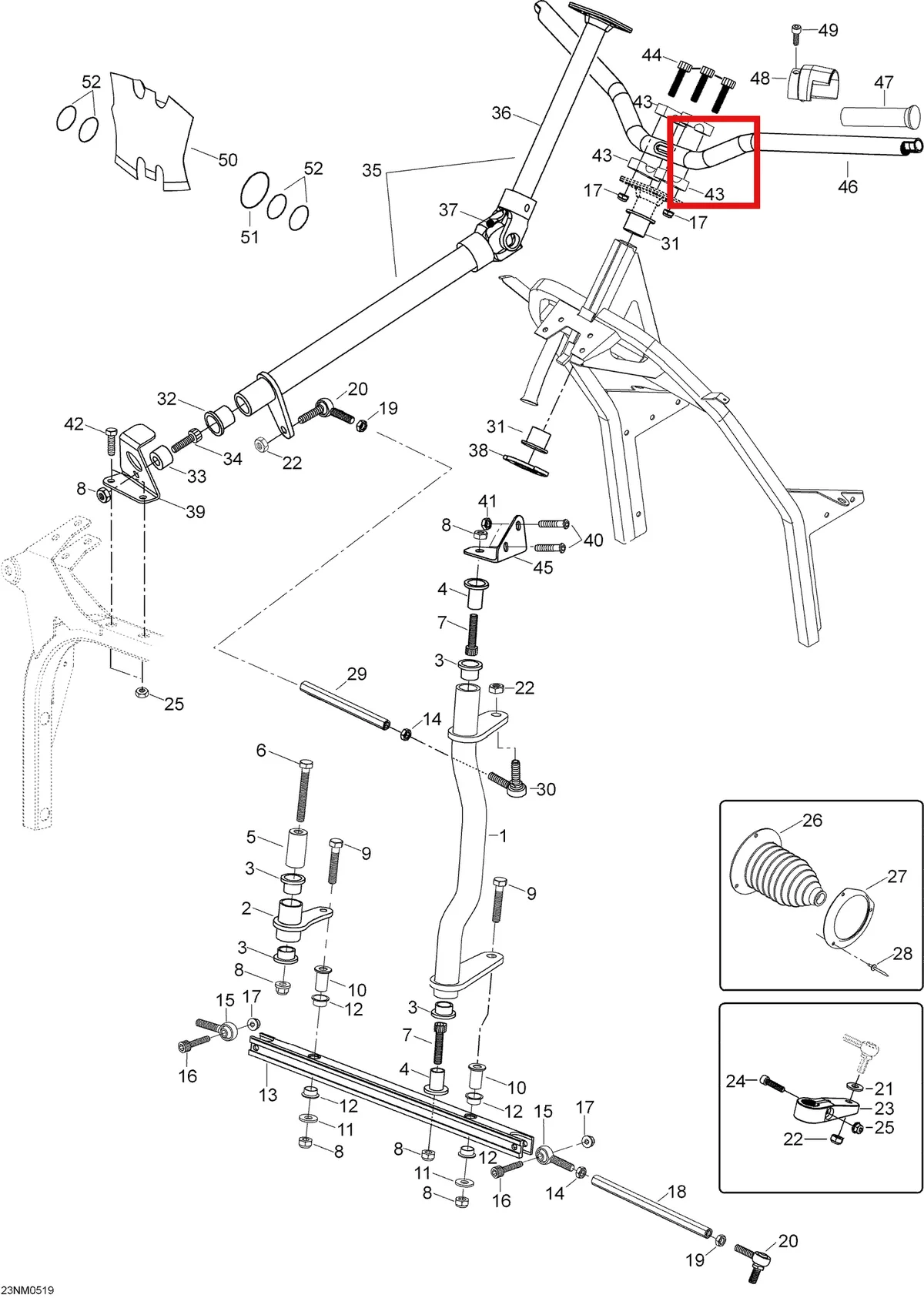 Деталь 605351996 (Деталь Main Tube, Upper Part) на схеме узла 07- Steering System