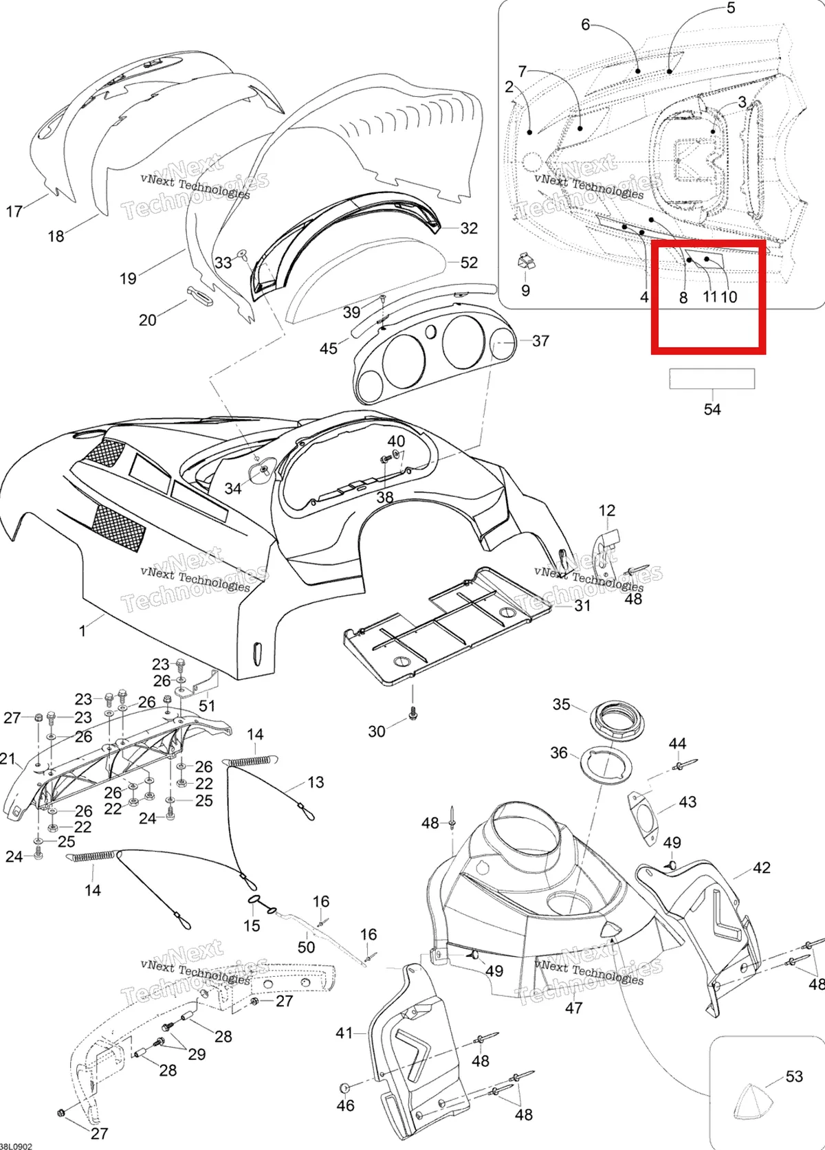 Деталь 605352546 (Деталь Heat Protector) на схеме узла 2009 Ski-Doo Expedition TUV 600 H.O. SDI Hood