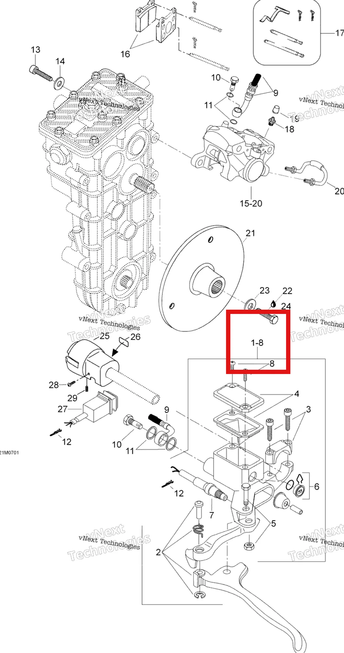 Деталь 605352693 (Деталь Master Cylinder. Includes 11 To 18) на схеме узла 2007 Ski-Doo Skandic SUV 550F Brakes