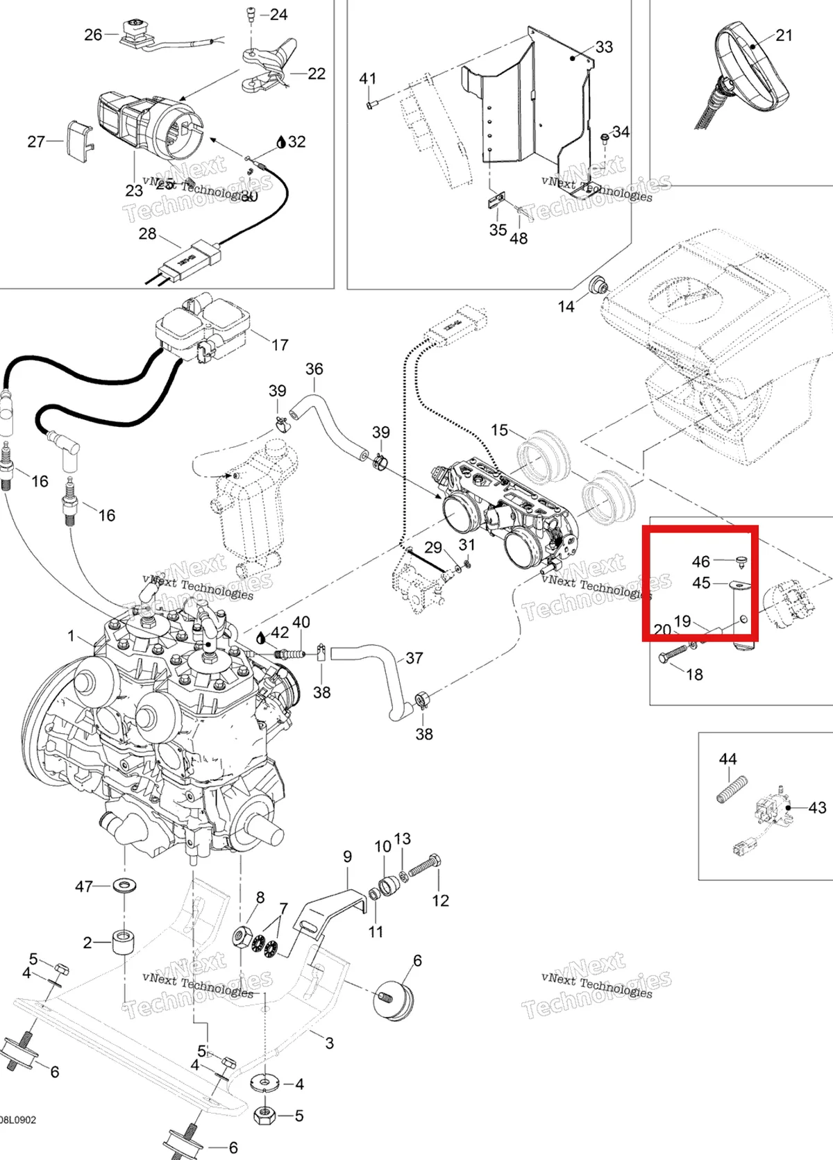 Деталь 605352895 (Деталь Support, Hood) на схеме узла 2009 Ski-Doo Expedition TUV 600 H.O. SDI Engine And Engine Support