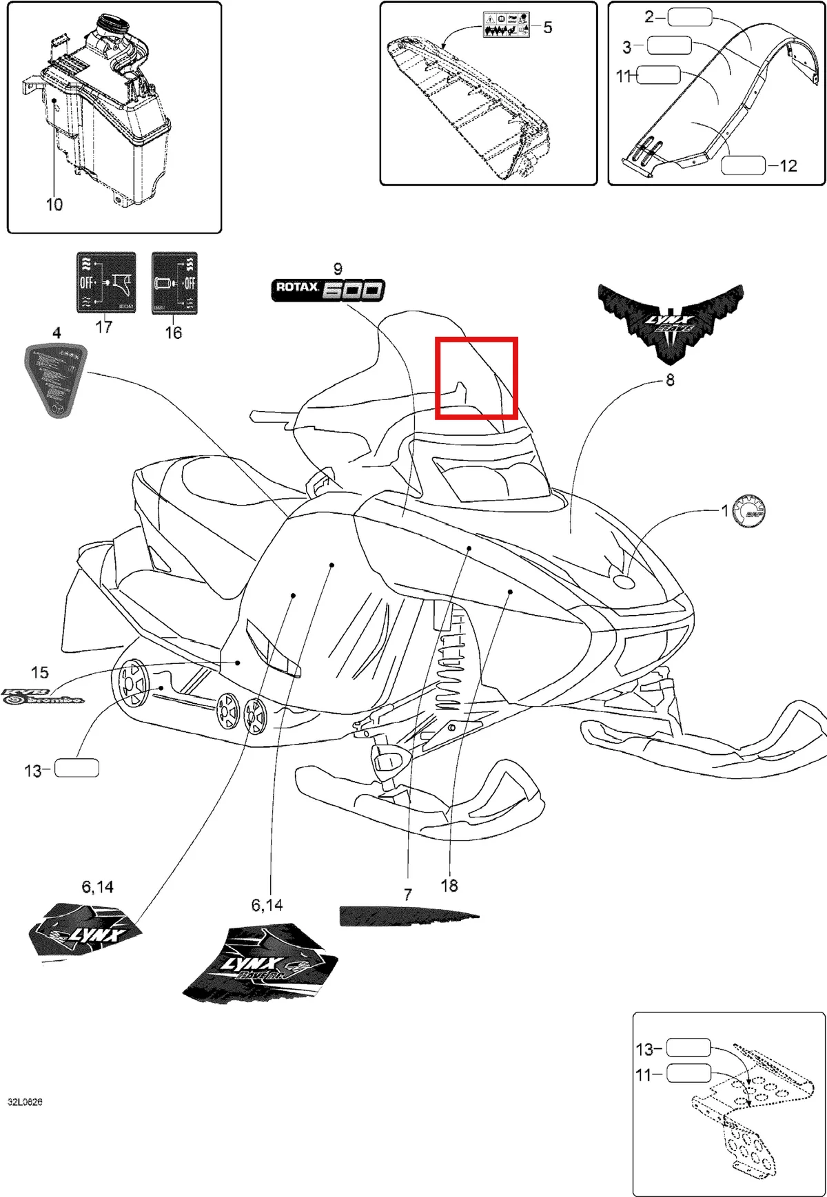 Деталь 605353001 (Деталь Decal Rotax 600) на схеме узла 09- Decals