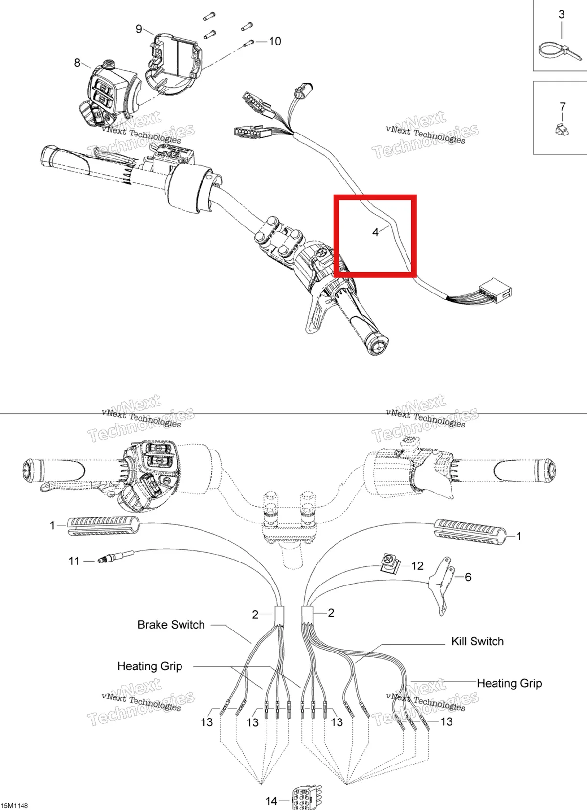 Деталь 605353266 (хомут) на схеме узла 2011 Ski-Doo Skandic WT 550F YetiII Steering Wiring Harness