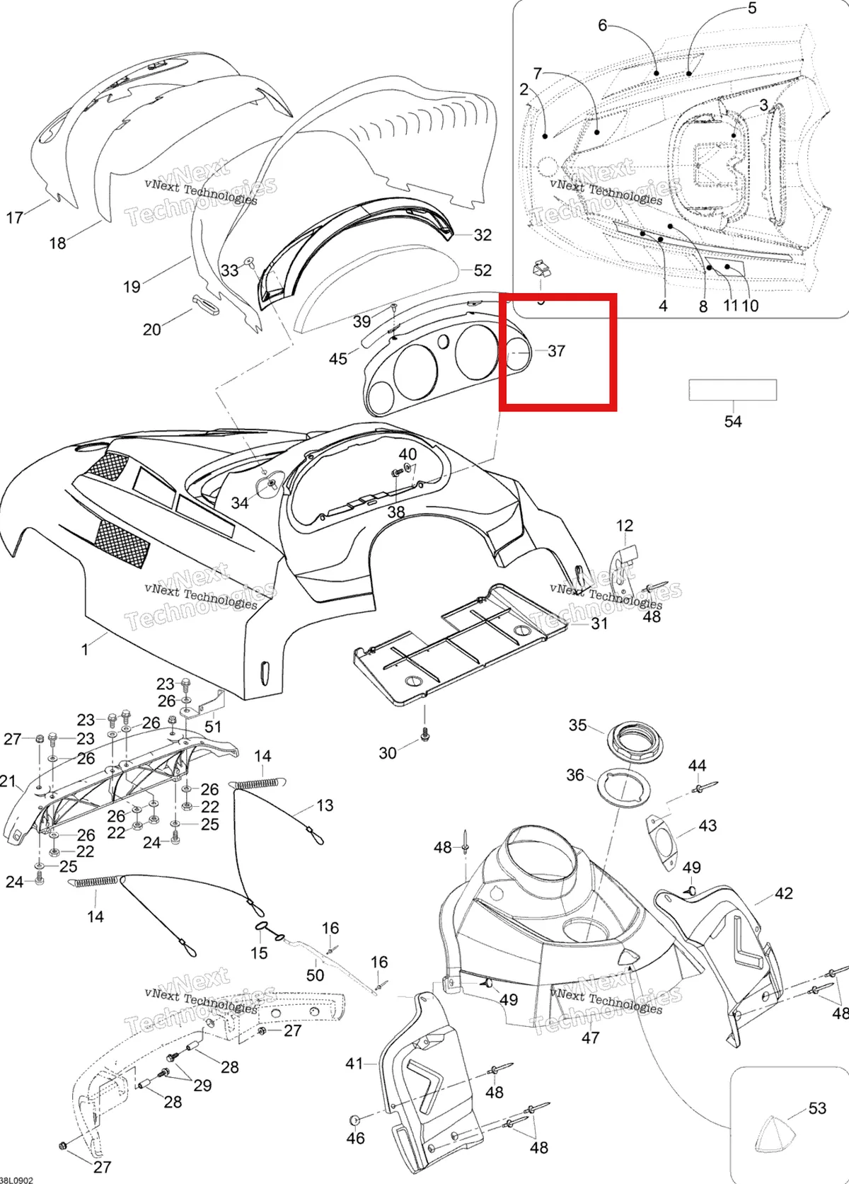 Деталь 605353602 (Деталь Indicator Support) на схеме узла 2009 Ski-Doo Expedition TUV 600 H.O. SDI Hood