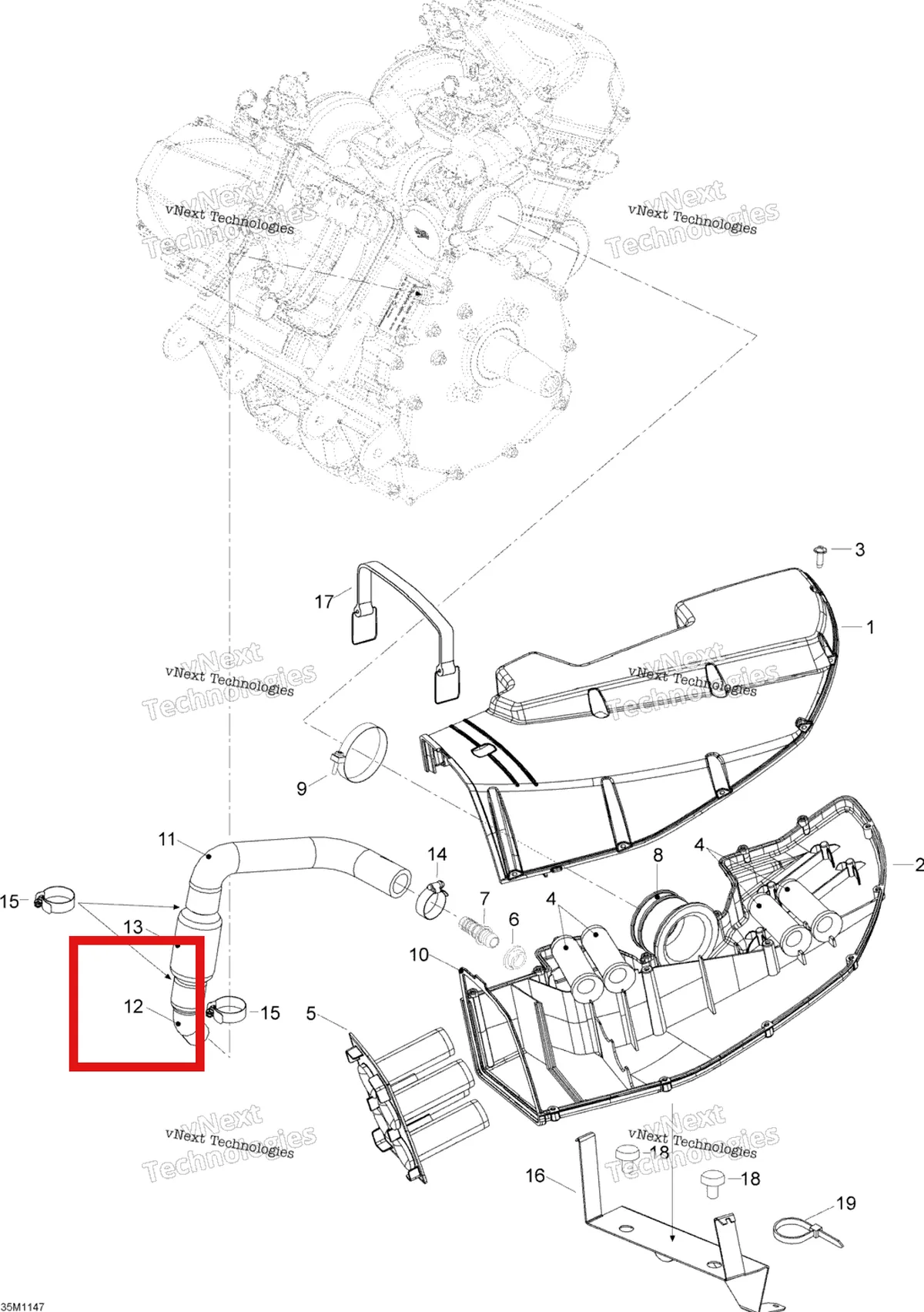 Деталь 605354127 (Шланг) на схеме узла 2012 Ski-Doo Skandic SWT V800 YetiII Air Intake System