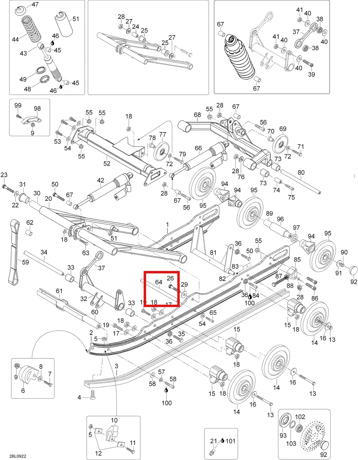 Деталь 605354528 (Деталь Shock Ass'y, Front Arm. Includes 42 To 49) на схеме узла 08- Rear Suspension