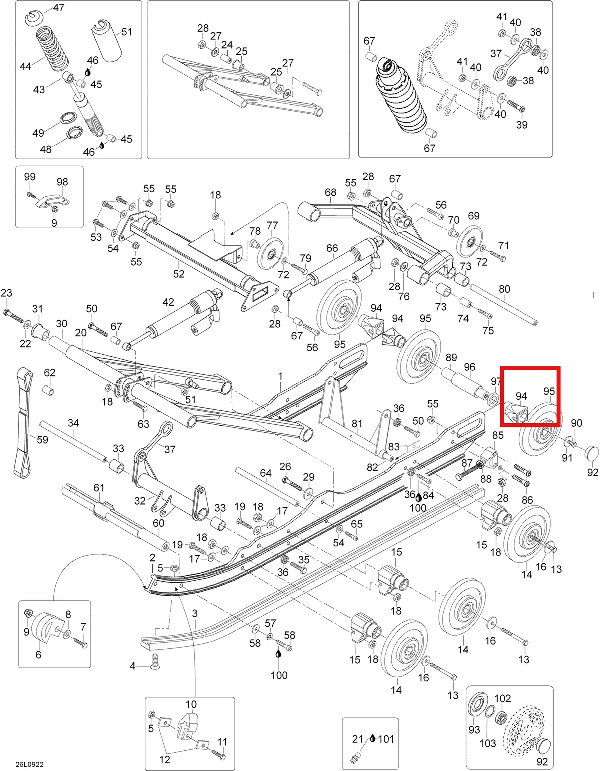 Деталь 605354529 (Деталь Shock Ass'y, Rear Arm. Includes 42 To 49) на схеме узла 08- Rear Suspension
