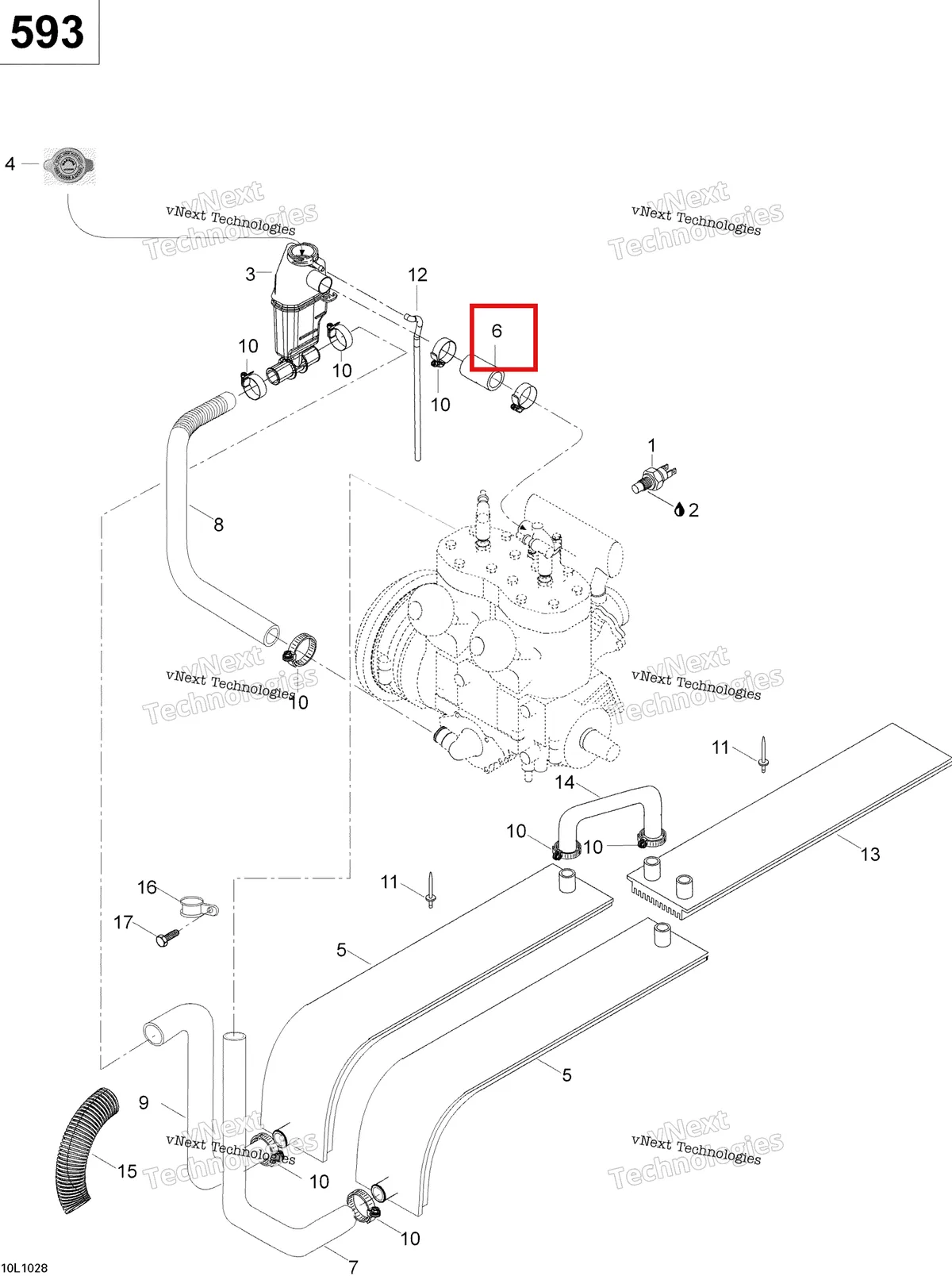 Деталь 605354602 (Шланг) на схеме узла 2010 Ski-Doo Skandic WT 600 Cooling System
