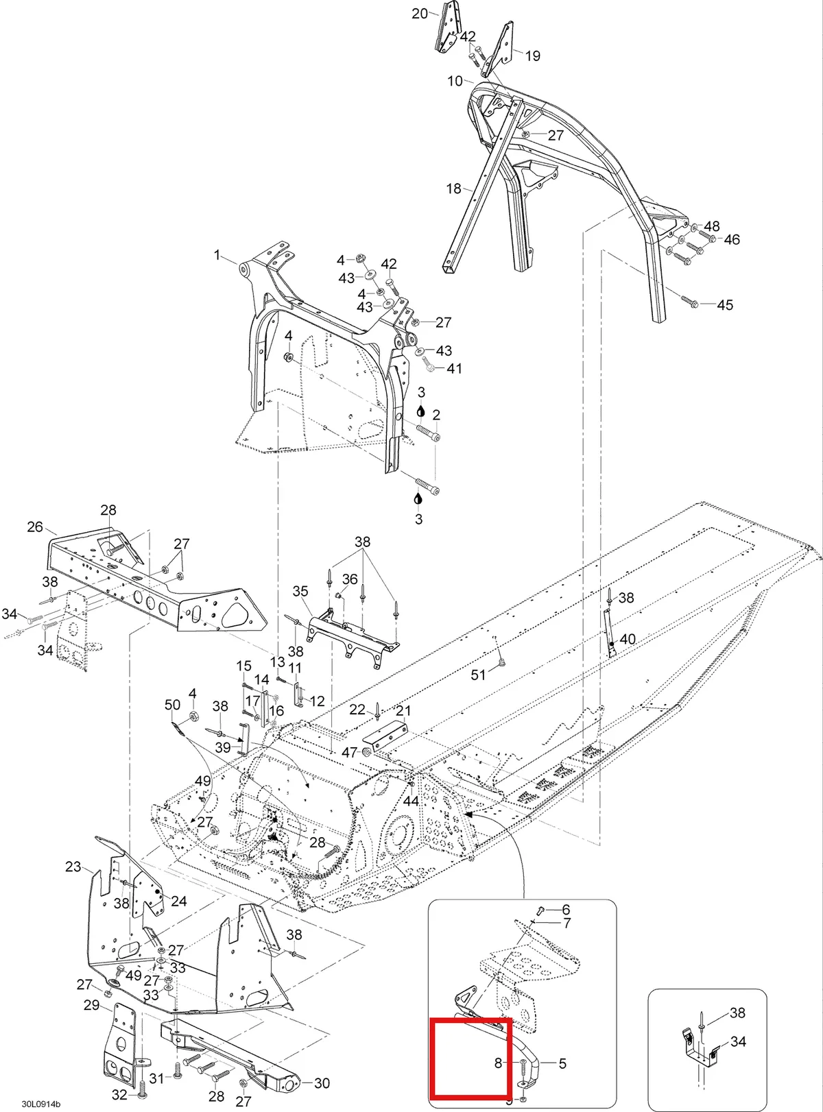 Деталь 605354892 (Деталь Bracket, Rear, Oil Reservoir) на схеме узла 09- Frame And Components