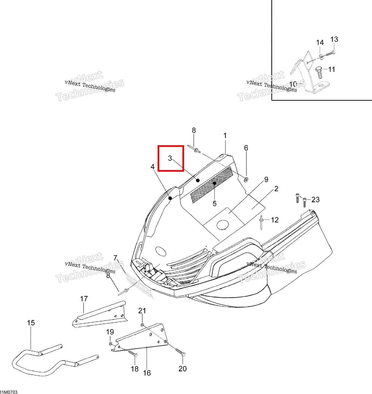 Деталь 605354966 (Деталь Heat Protector) на схеме узла 2007 Ski-Doo Skandic SWT V-800 Bottom Pan