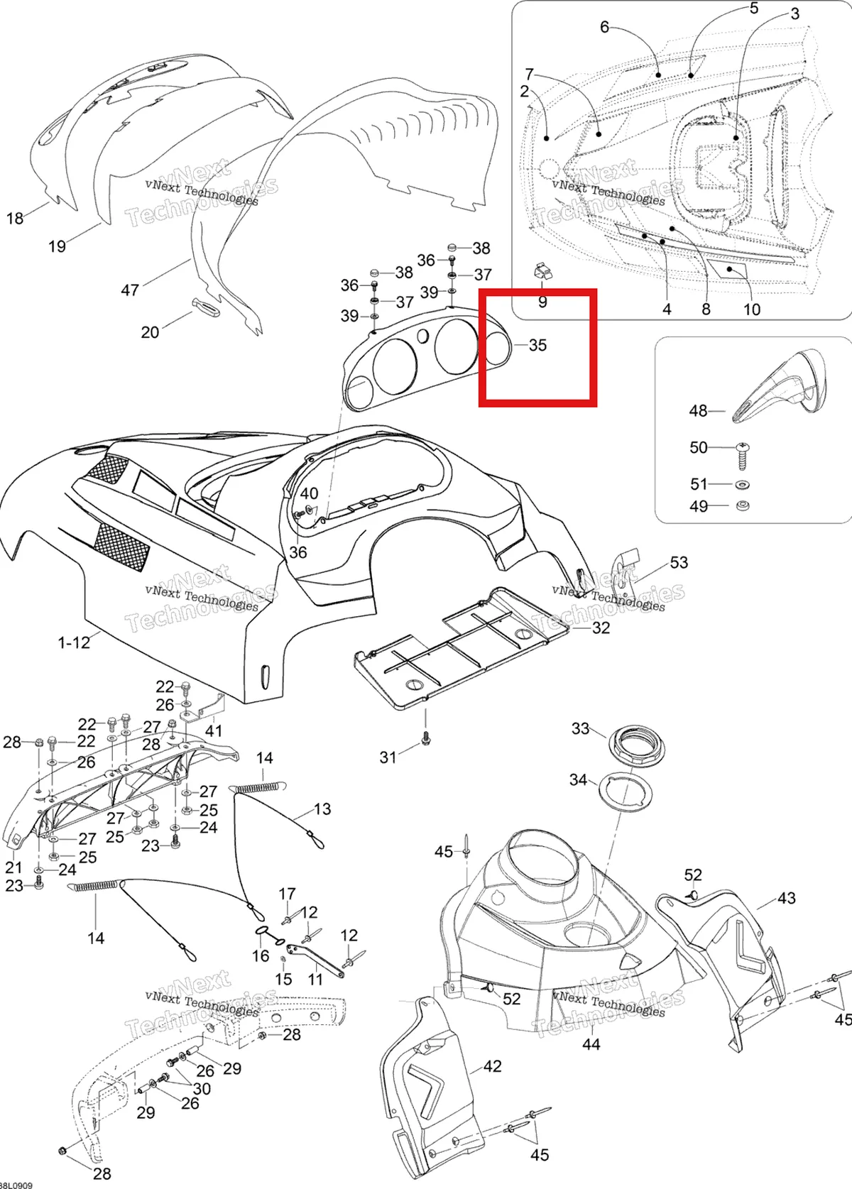 Деталь 605355363 (Деталь Indicator Support) на схеме узла 2009 Ski-Doo Expedition TUV V800 4-TEC Hood