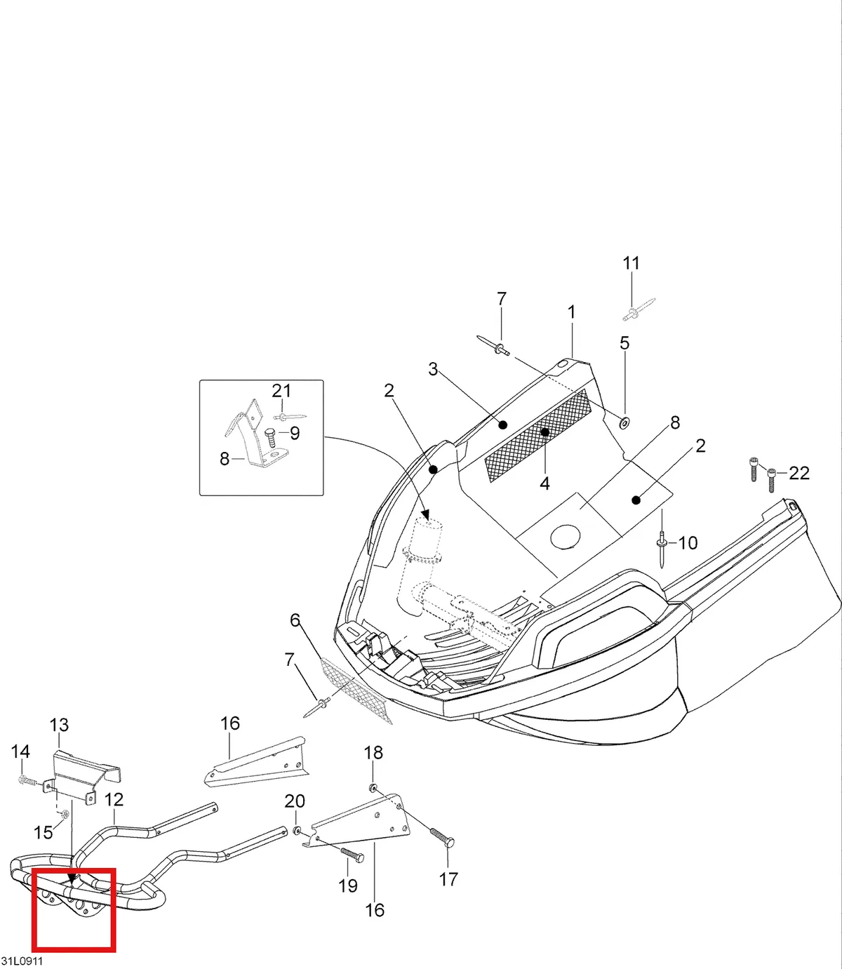 Деталь 605355848 (Деталь Bracket, Bumper) на схеме узла 09- Bottom Pan