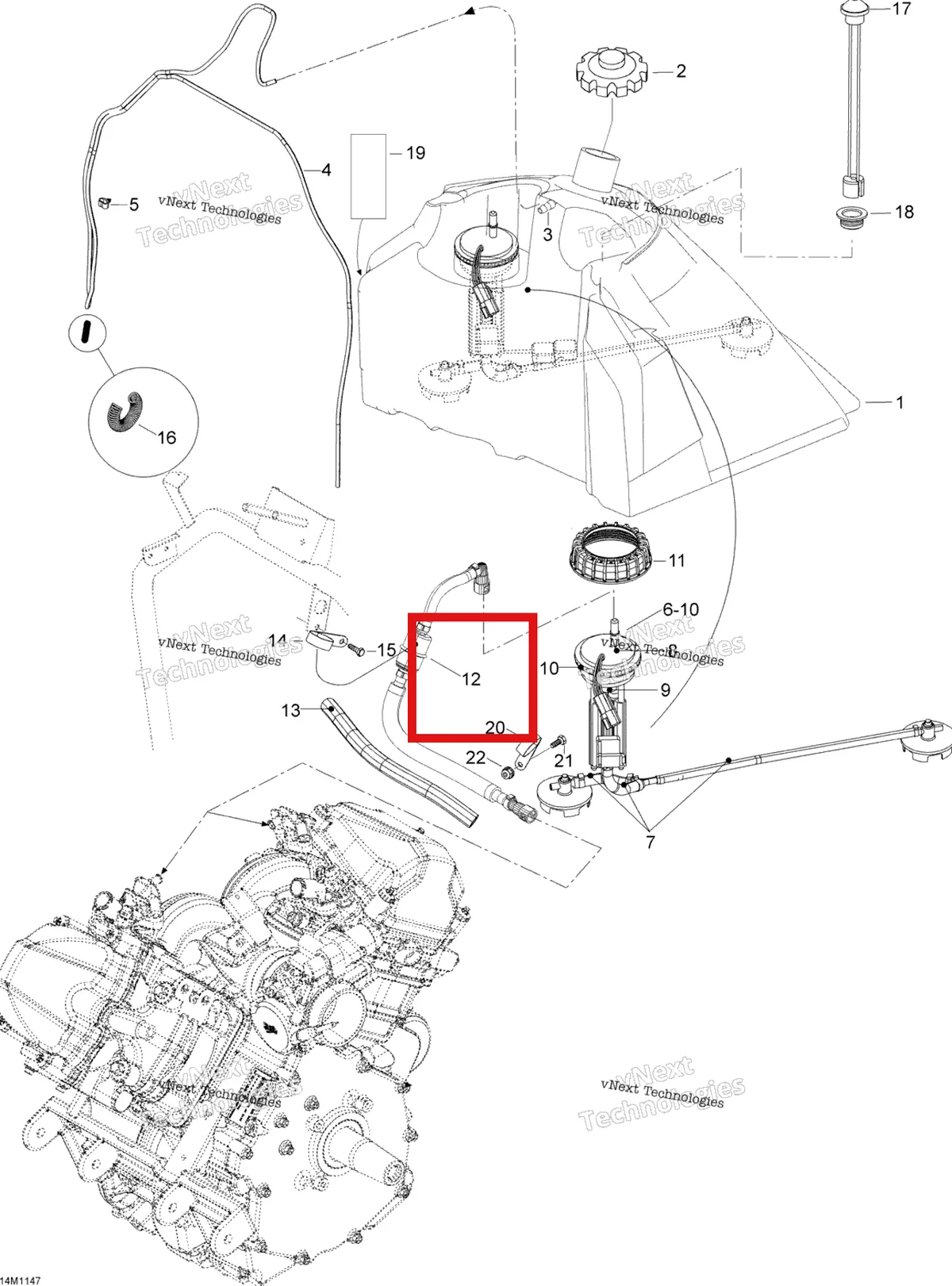 Деталь 605356250 (Деталь Hose Ass'y) на схеме узла 2012 Ski-Doo Skandic SWT V800 YetiII Fuel System
