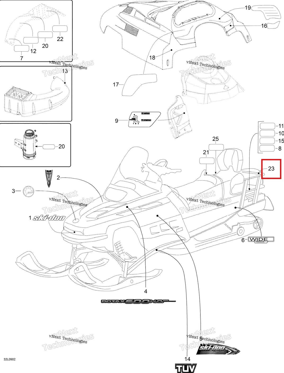 Деталь 605448799 (Деталь Warning Label) на схеме узла 2009 Ski-Doo Expedition TUV 600 H.O. SDI Decals