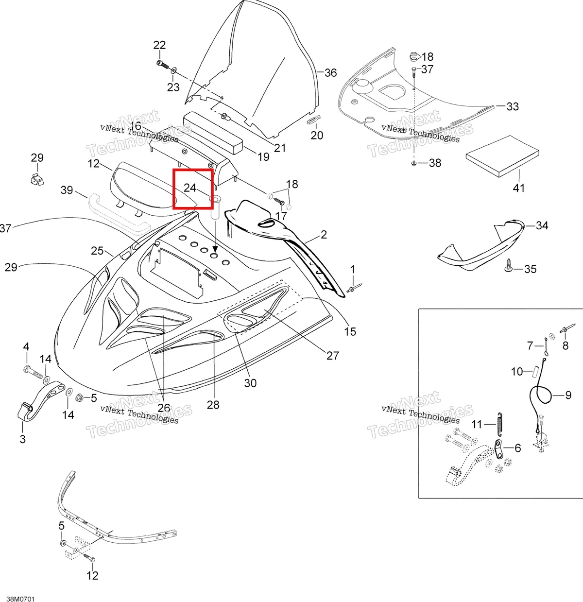 Деталь 605449084 (Трубка) на схеме узла 2007 Ski-Doo Skandic SUV 550F Hood 550F Suv