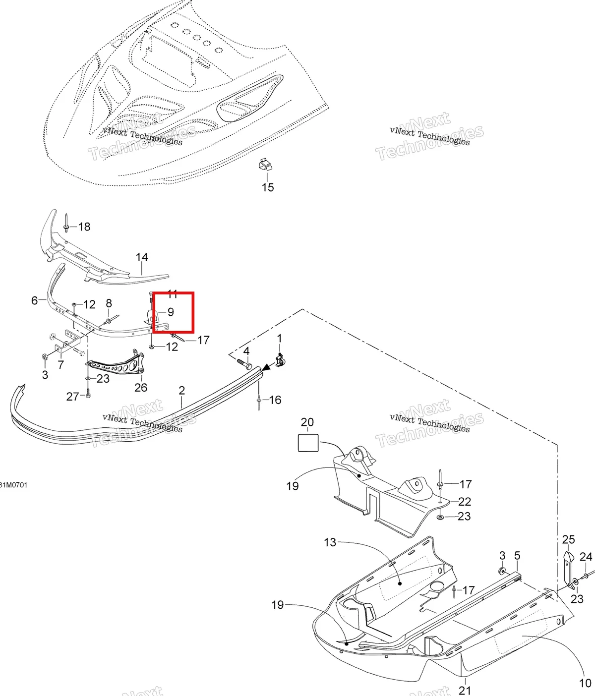 Деталь 605449350 (Деталь R.h. Guide, Short) на схеме узла 2007 Ski-Doo Skandic SUV 550F Bottom Pan 550F Suv