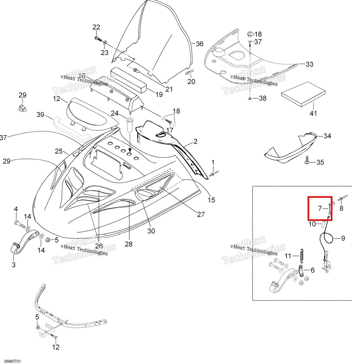 Деталь 605449395 (заклёпка) на схеме узла 2007 Ski-Doo Skandic SUV 550F Hood 550F Suv