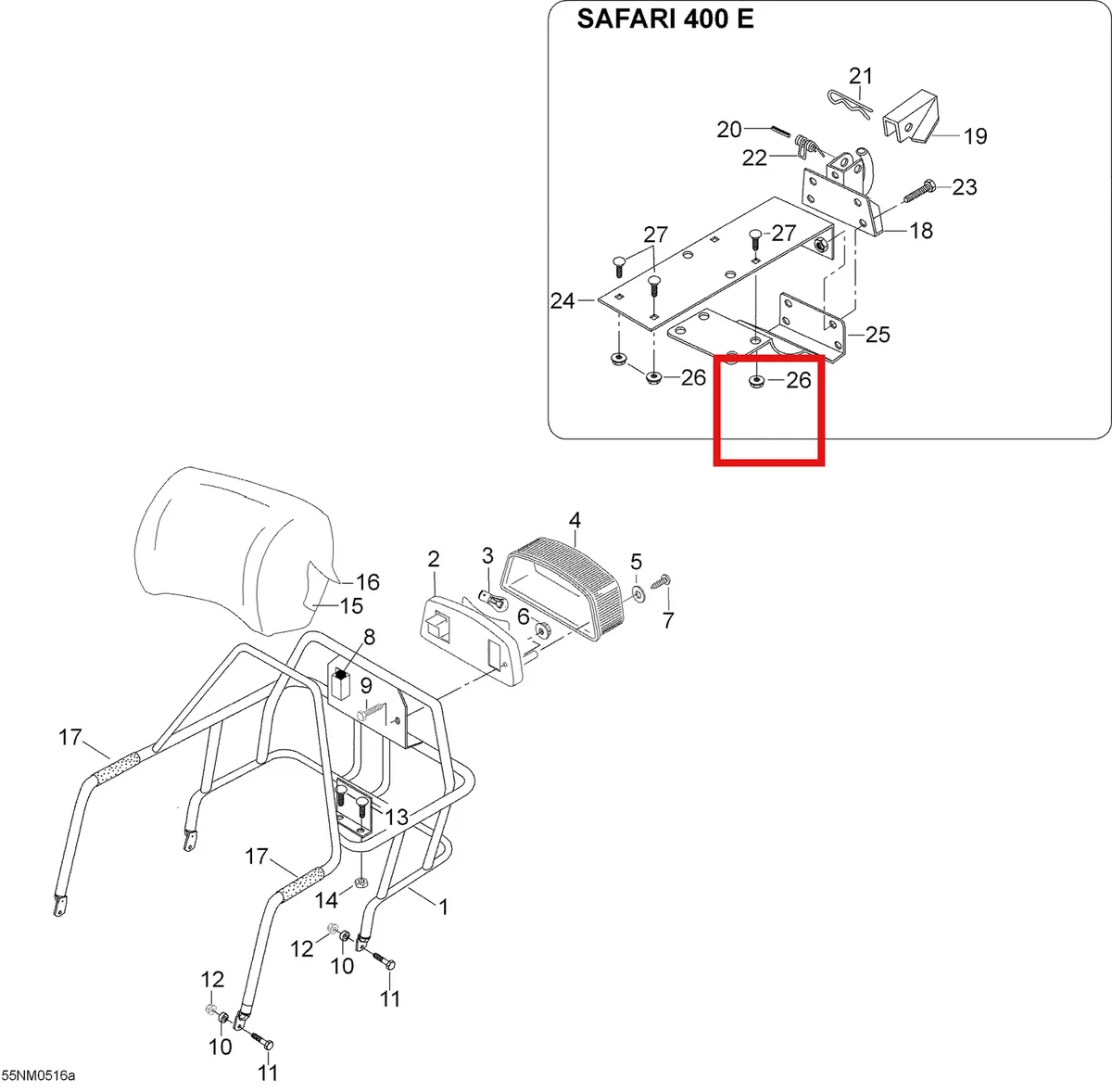 Деталь 605450084 (Деталь Bracket. Safari 400 E) на схеме узла 09- Rack, 400E