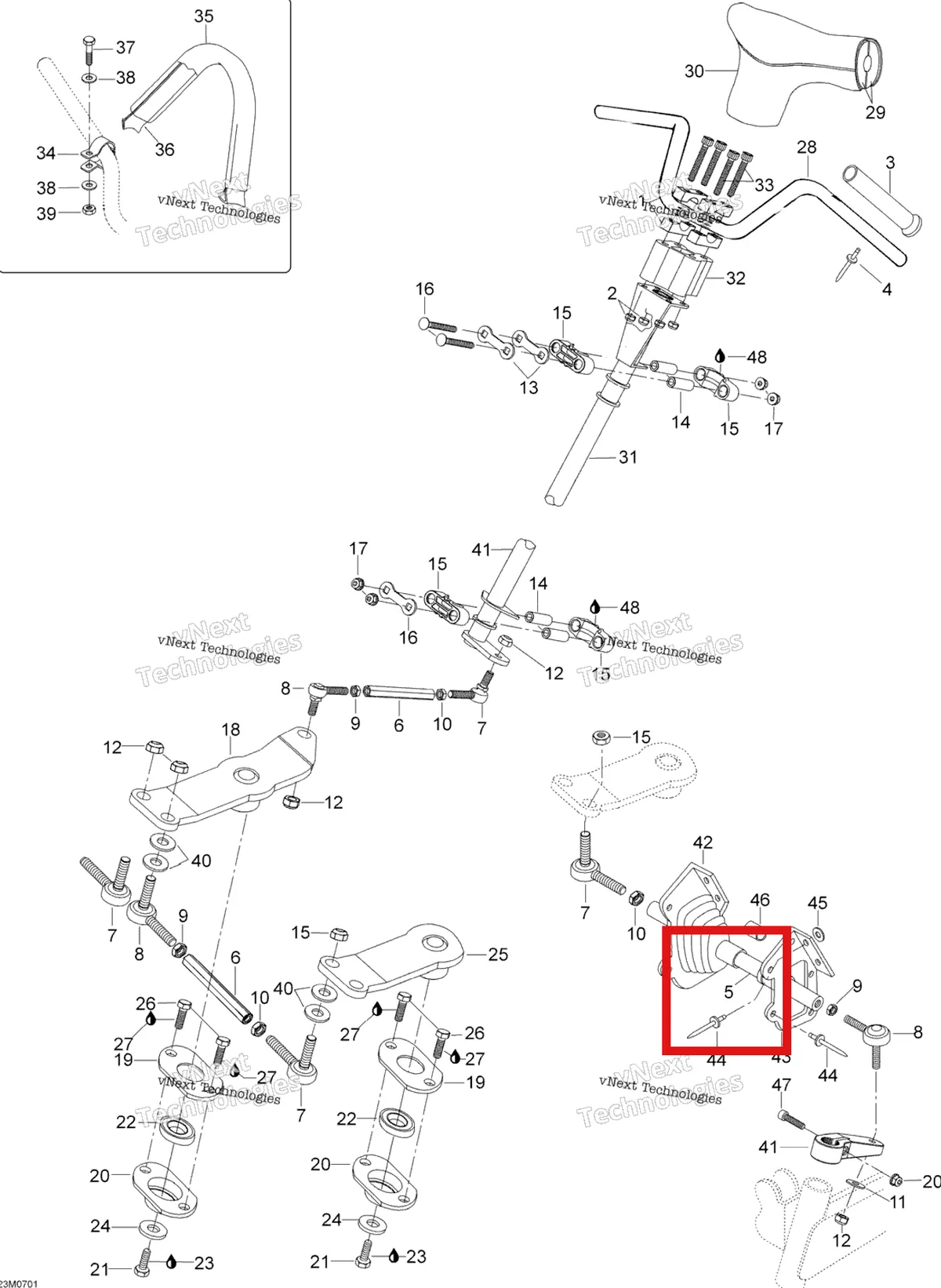 Деталь 605450185 (Деталь Tie Rod. St 600) на схеме узла 2007 Ski-Doo Skandic SUV 600 Steering System 600 Suv