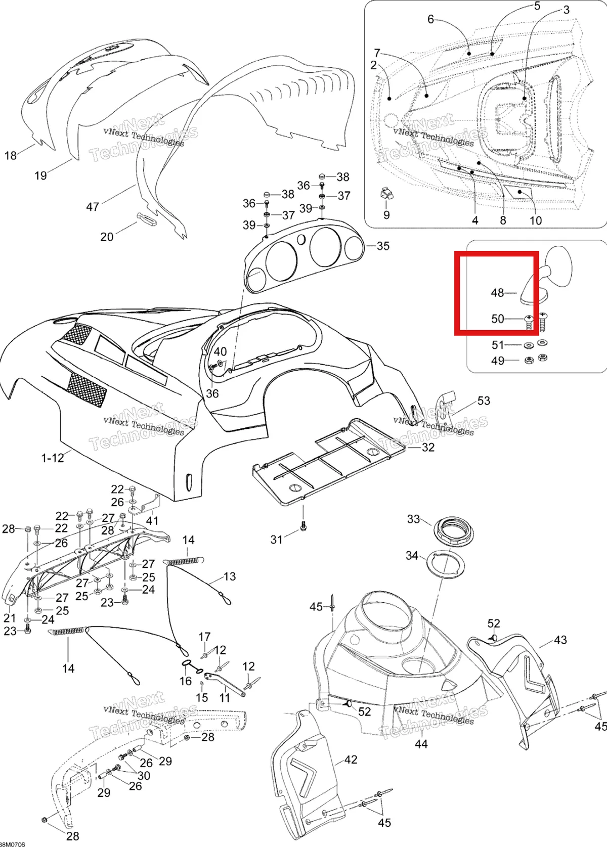 Деталь 605450857 (Деталь R.h. Mirror) на схеме узла 2007 Ski-Doo Expedition TUV V800 Hood