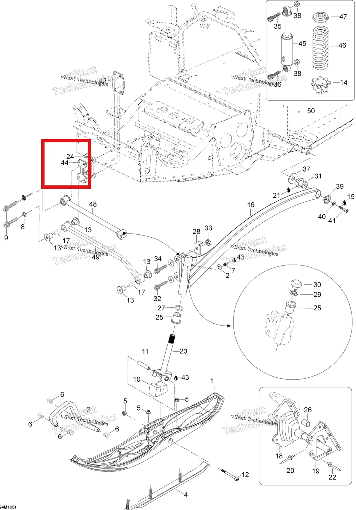 Деталь 605450900 (Пластина) на схеме узла 2010 Ski-Doo Skandic SUV 550F Front Suspension And Ski