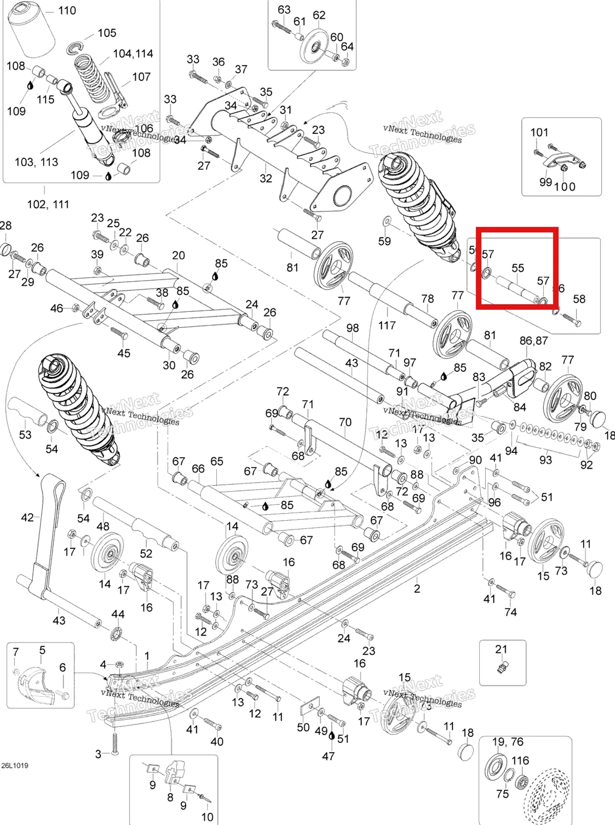 Деталь 605451897 (Мост) на схеме узла 2010 Ski-Doo Expedition TUV SE 600HO SDI XU Rear Suspension