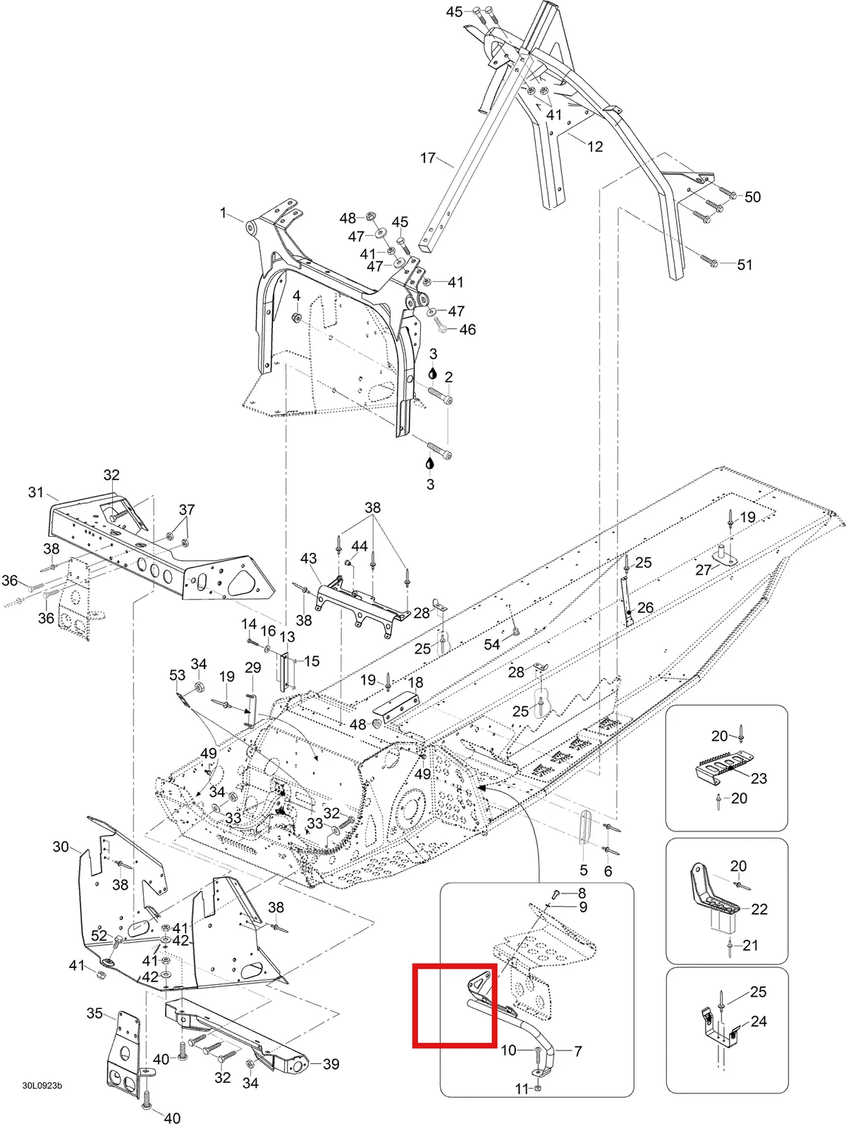 Деталь 605453552 (Деталь Bracket, Oil Reservoir) на схеме узла 09- Frame And Components