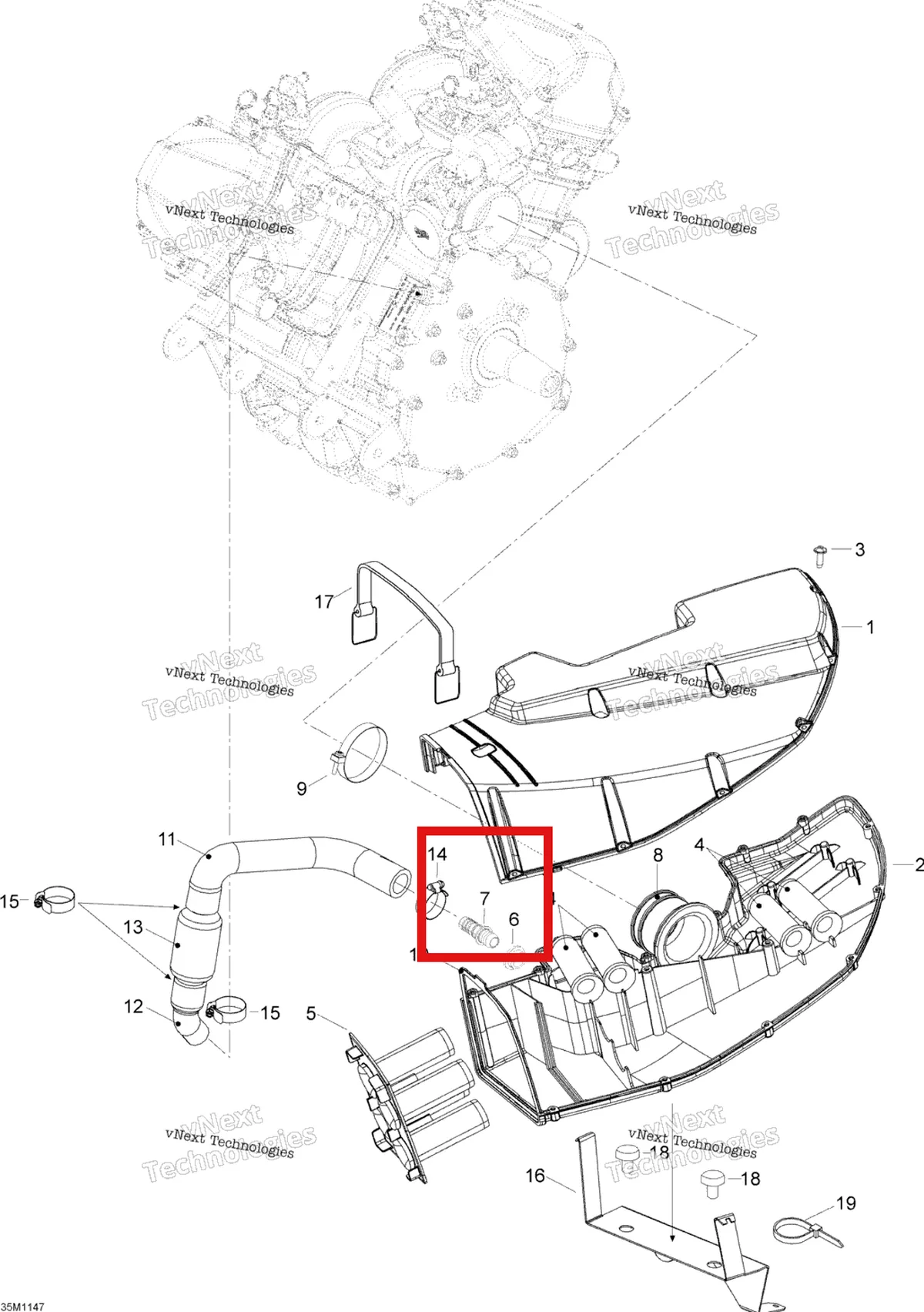 Деталь 605453846 (Штуцер) на схеме узла 2012 Ski-Doo Skandic SWT V800 YetiII Air Intake System