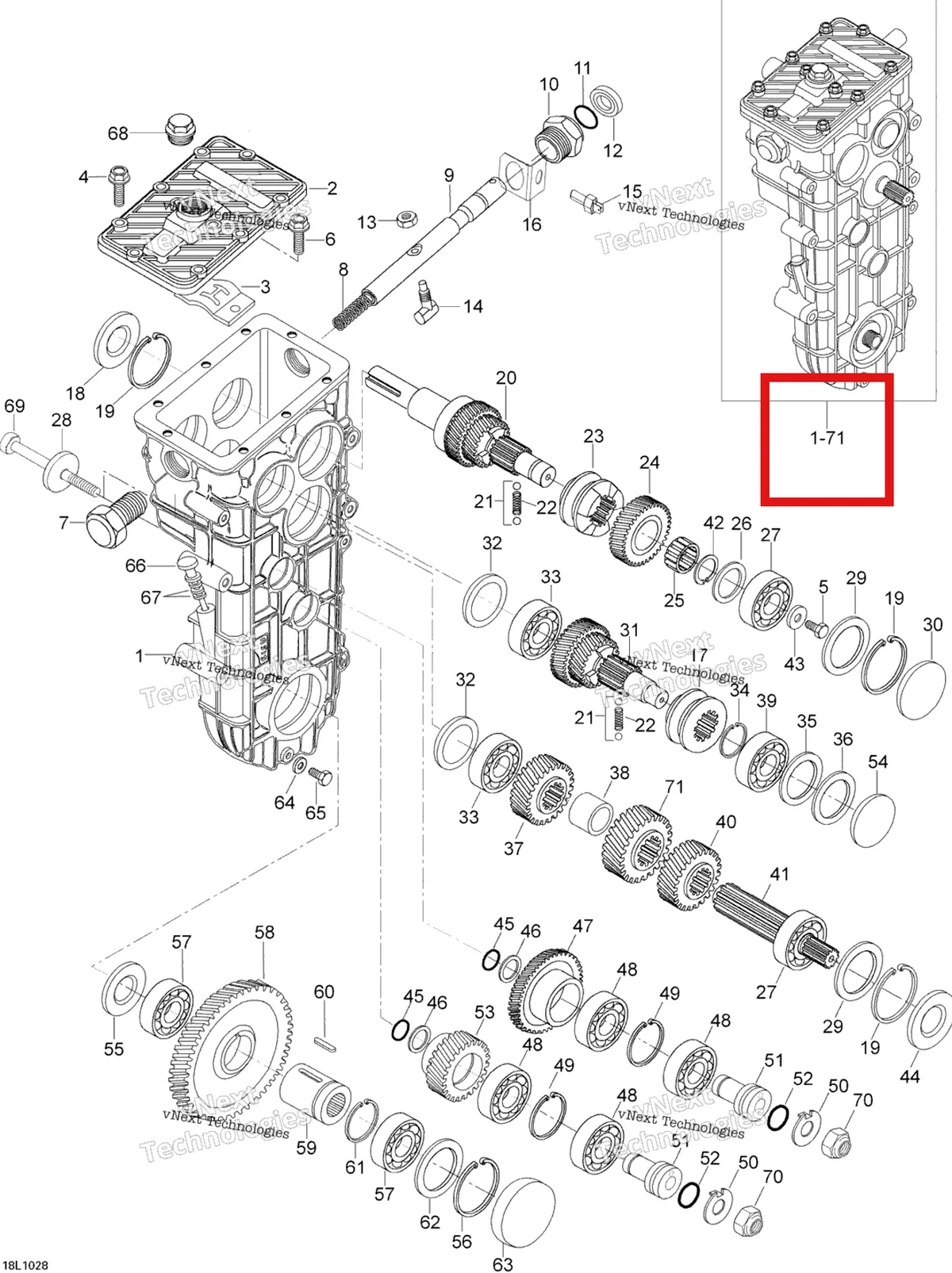 Деталь 605612002 (Деталь Gear Transmission. Includes 1 To 70) на схеме узла 2010 Ski-Doo Skandic WT 600 Transmission
