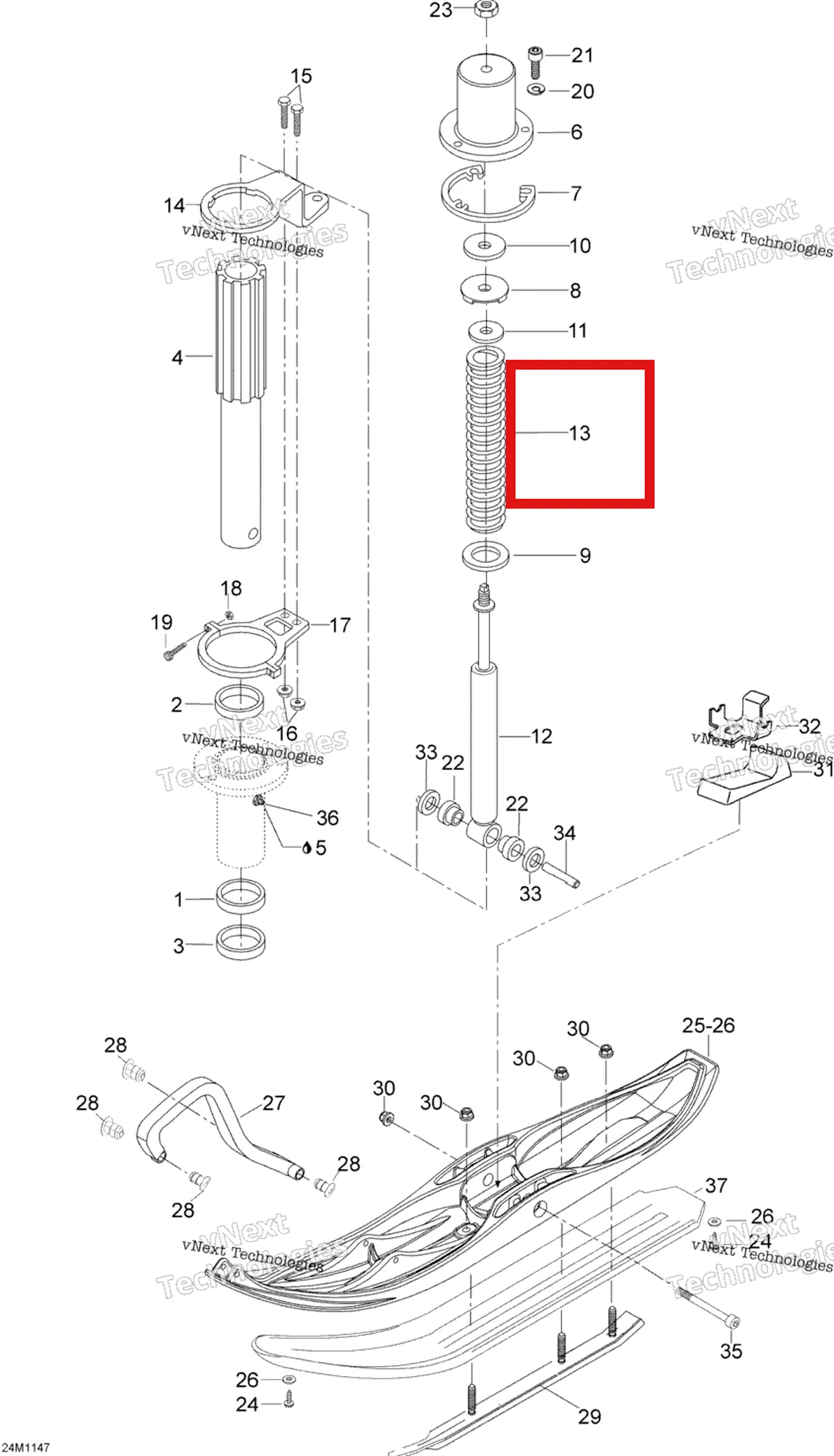 Деталь 605625001 (Пружина) на схеме узла 2012 Ski-Doo Skandic SWT V800 YetiII Front Suspension And Ski