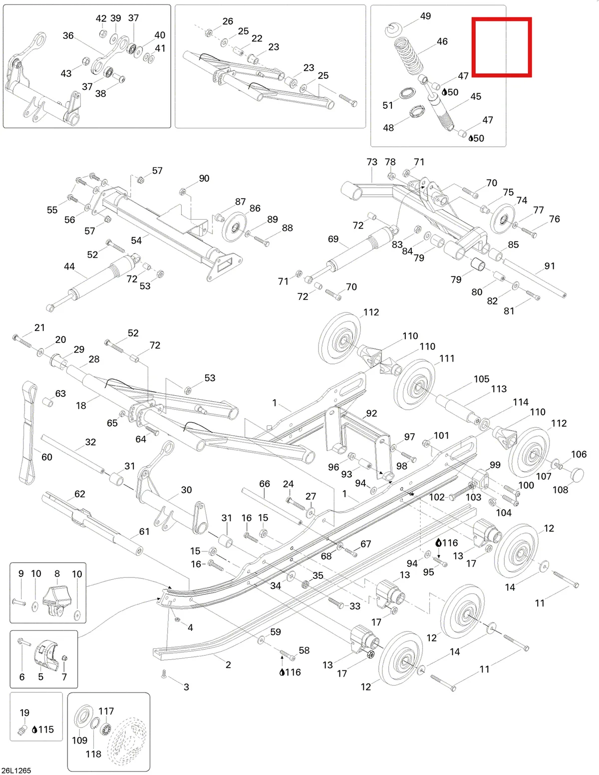 Деталь 605625015 (Деталь Spring, Front Arm 60nm. 247mm.) на схеме узла 08- Rear Suspension