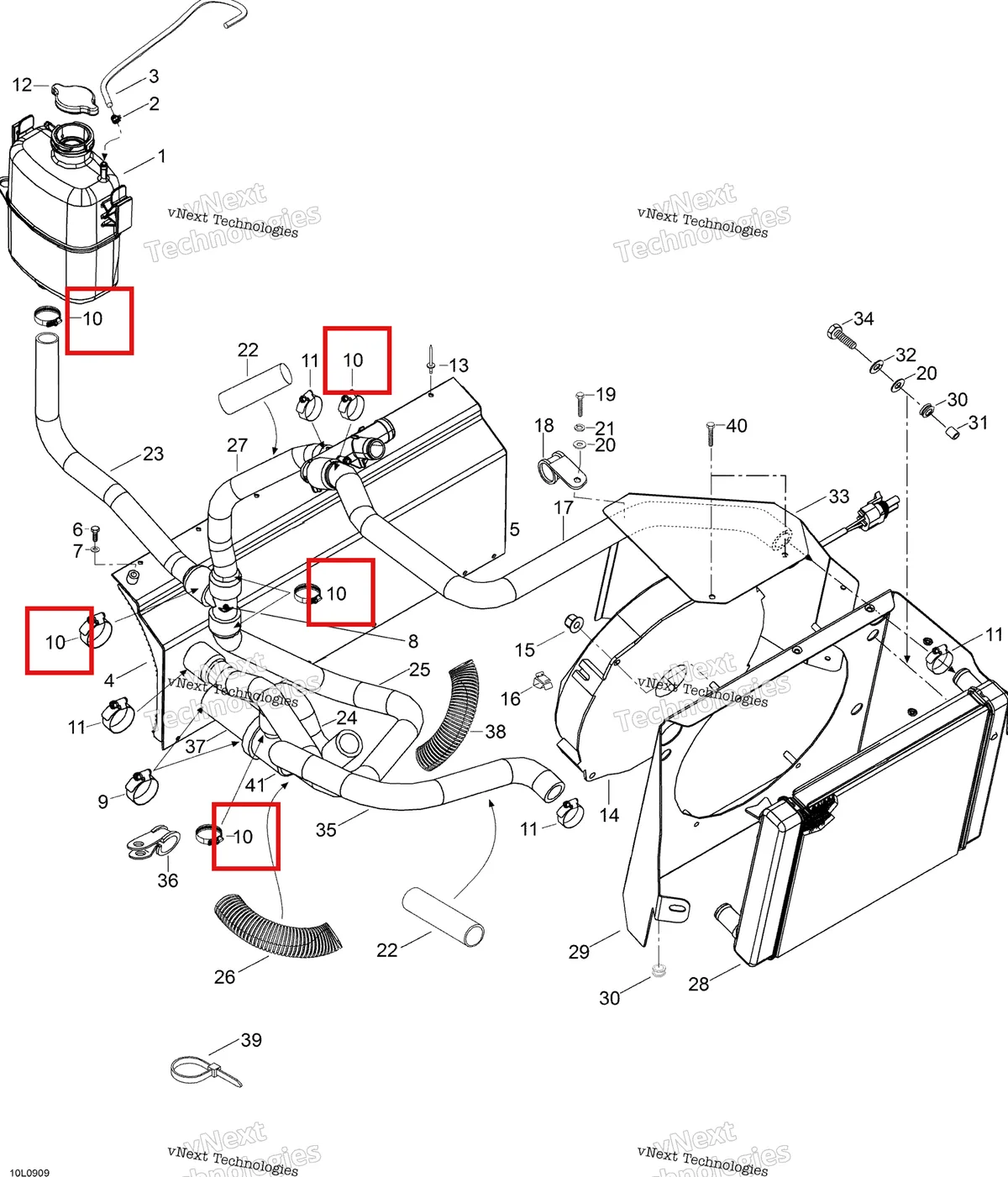 Деталь 605627002 (Зажим) на схеме узла 2009 Ski-Doo Expedition TUV V800 4-TEC Cooling System