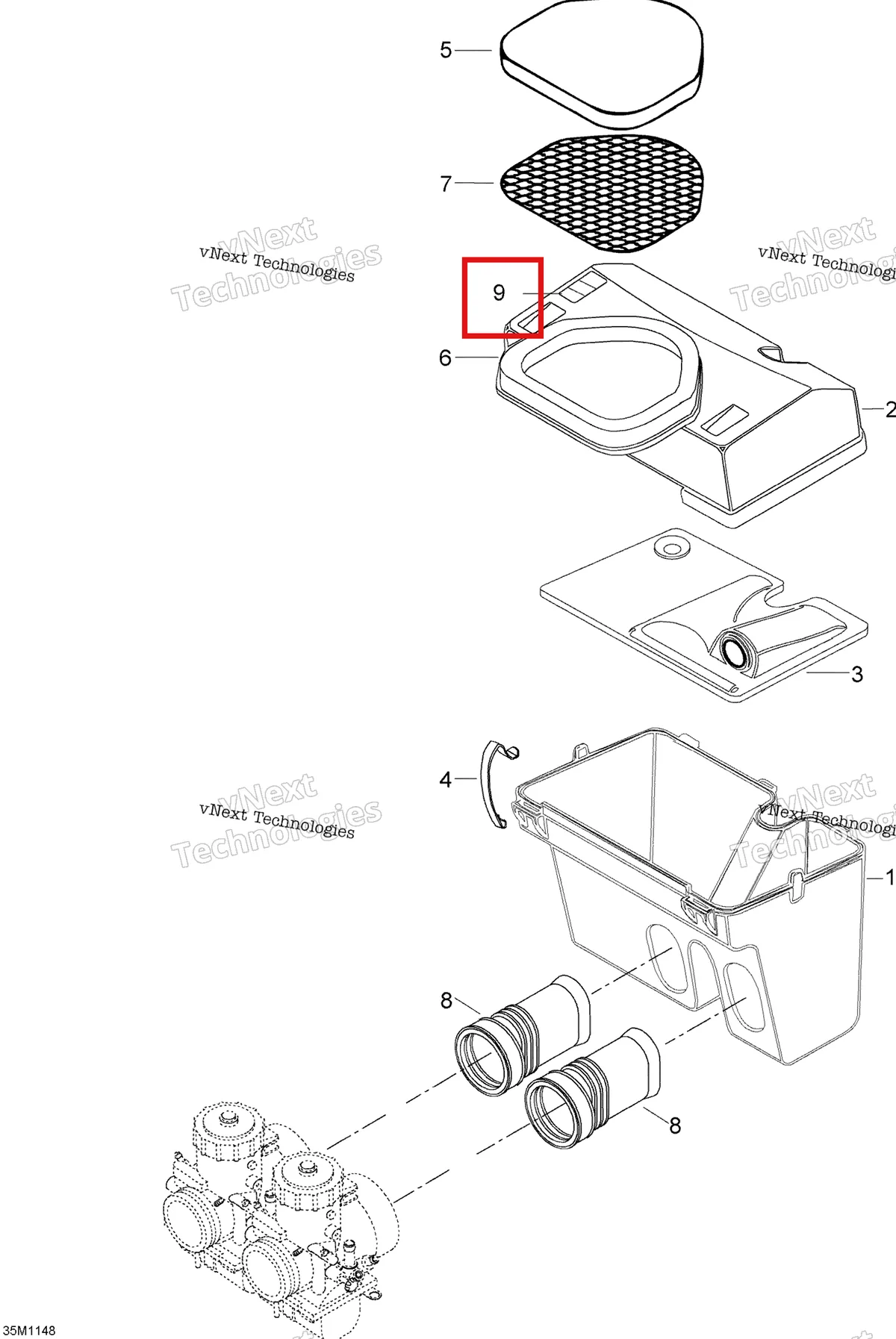 Деталь 605628003 (Зажим) на схеме узла 2011 Ski-Doo Skandic WT 550F YetiII Air Silencer