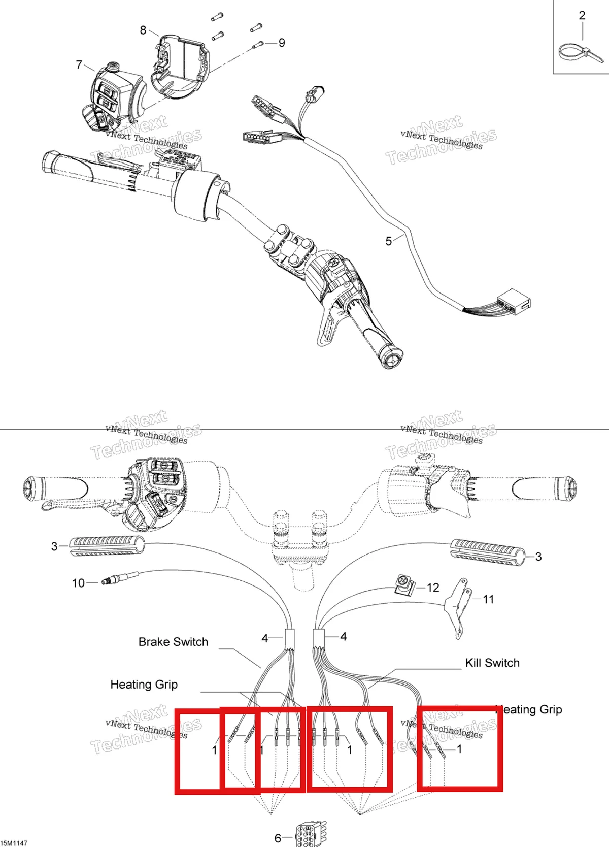 Деталь 605642628 (фишки) на схеме узла 2012 Ski-Doo Skandic SWT V800 YetiII Steering Wiring Harness