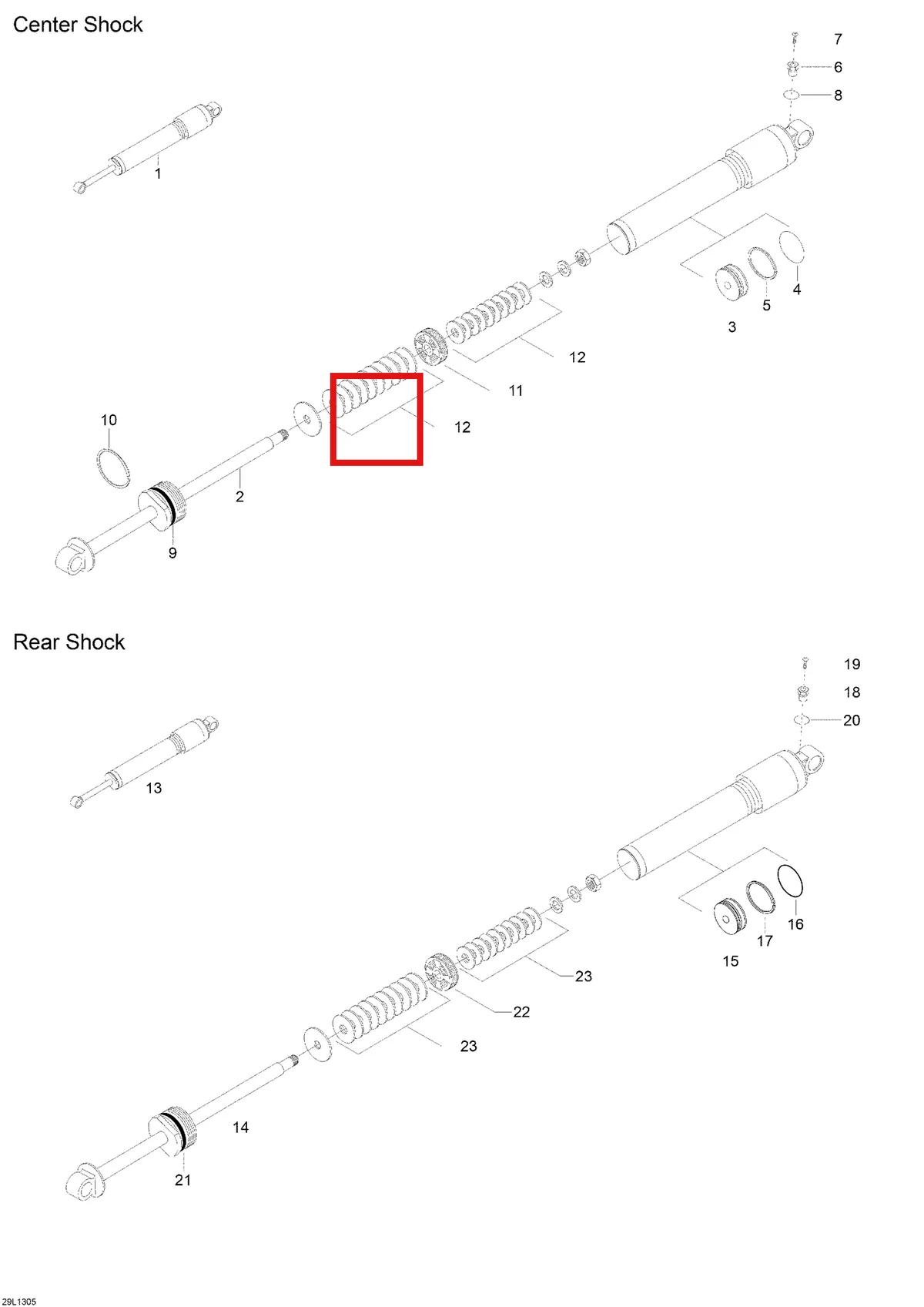 Деталь 619330004 (Деталь Shock, Rear Arm Cal.503191868) на схеме узла 08- Rear Shocks
