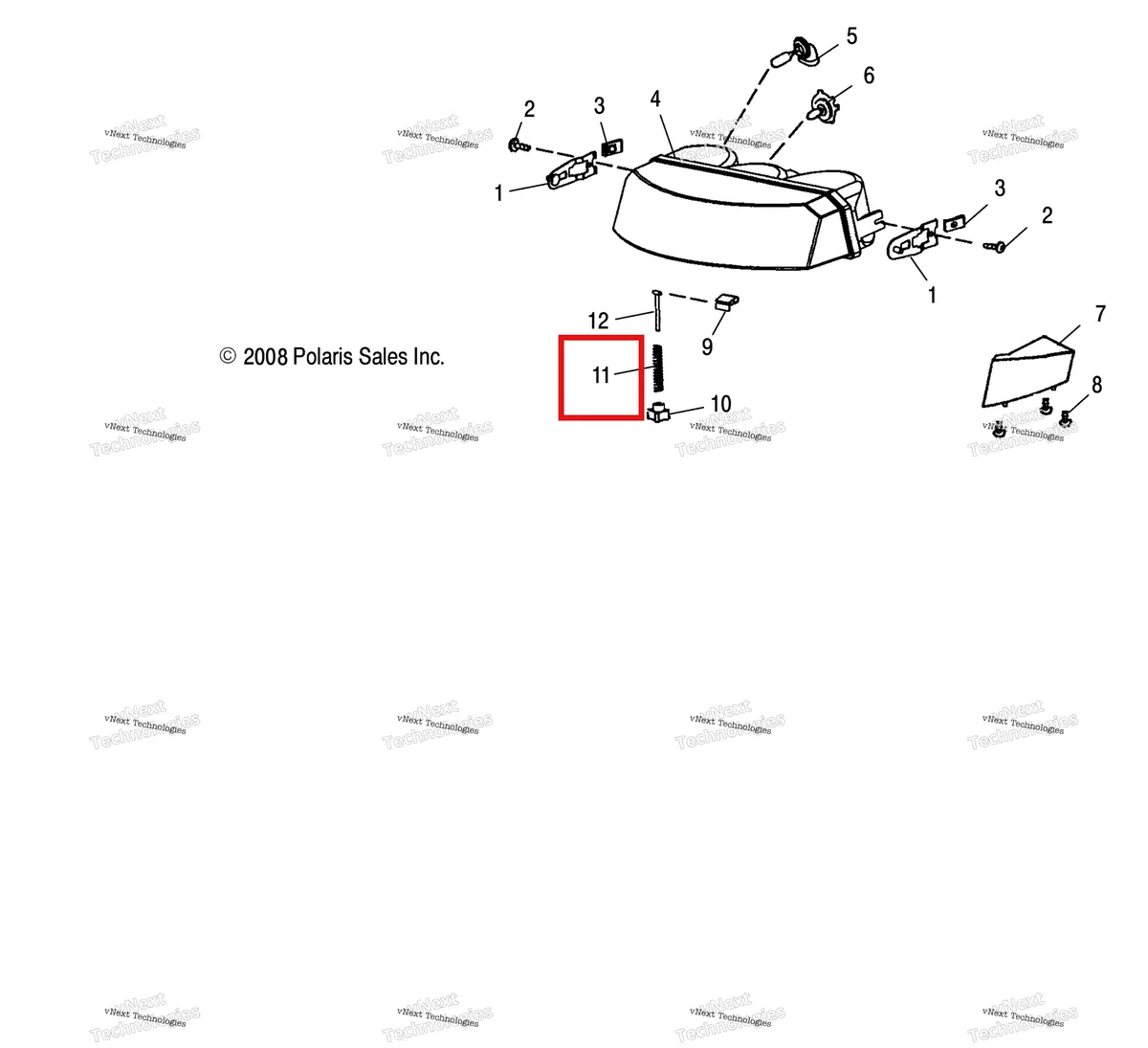 Деталь 7041308 (Пружина H / L регулировочный Polaris Widetrak LX (2006) (7041308)) на схеме узла Electrical, Headlight